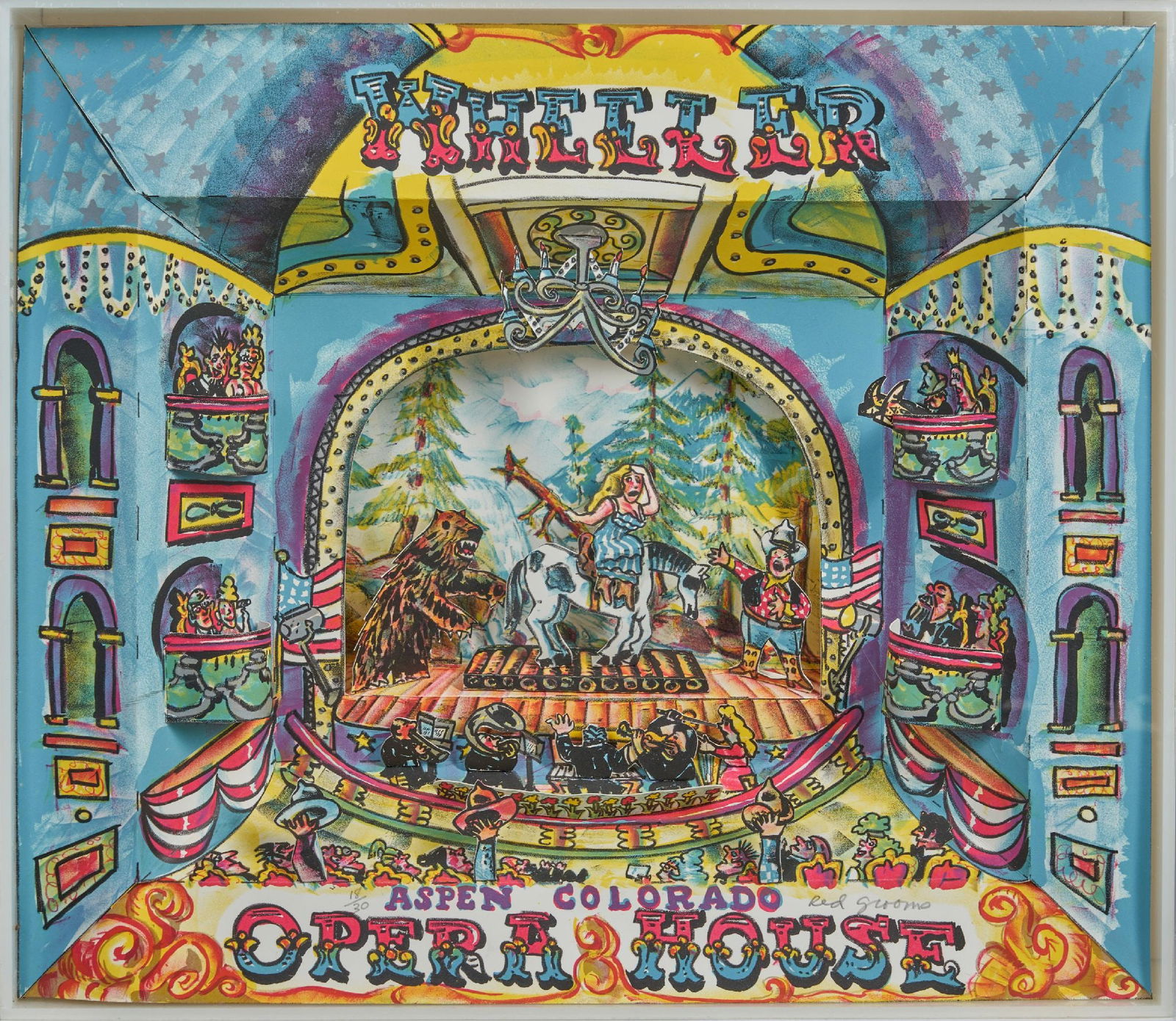 Red Grooms - Wheeler Opera House: Artist: Red GroomsTitle: Wheeler Opera HouseYear: 1984Dimensions: 17 1/2 x 20 x 4 3/4 in.Edition: 18 from the limited edition of 30Publisher: Red Grooms and Shark's Lithograph, Ltd., Boulder,