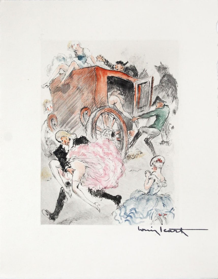 Louis Icart - Carriage Fun: Artist: Louis IcartTitle: Carriage FunYear: 1947Dimensions: 11in. by 8.5in.Edition: From the rare limited edition of 500Publisher: Georges Guillot Editeur: ParisSuite: Felecia ou Mes FredainesMedium: