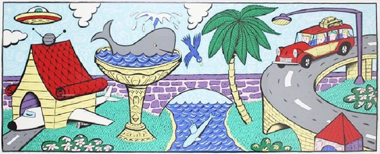 Rodney Alan Greenblat - Vacation Highlights: Artist: Rodney Alan GreenblatTitle: Vacation HighlightsYear: 1990Dimensions: 36 1/2in. by 86 1/2in.Edition: Numbered from the Rare Limited Edition of 100Medium: Screenprint in ColorsCondition: