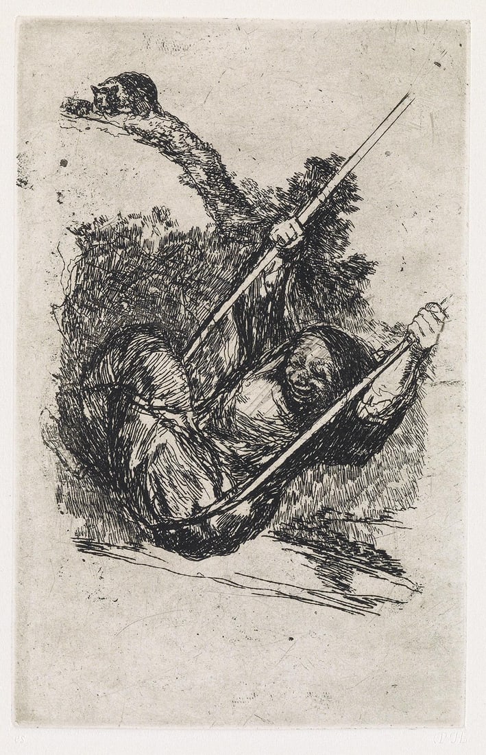 Francisco Goya - Old Woman on a Swing: Artist: Francisco GoyaTitle: Old Woman on a SwingYear: 1971Dimensions: 7 1/2in. by 4 3/4in.Edition: From the Rare Limited EditionMedium: Etching with Drypoint on PaperCondition: ExcellentSignature