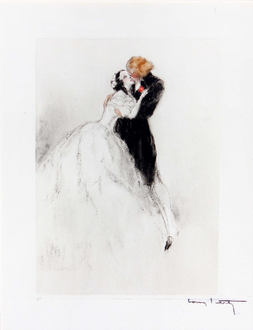 Louis Icart - Sensual Embrace: Artist: Louis IcartTitle: Sensual EmbraceYear: 1938Dimensions: 11.25in. by 8.75in.Edition: From the rare limited edition of 200Publisher: Georges Guillot Editeur; ParisSuite: La Dame aux
