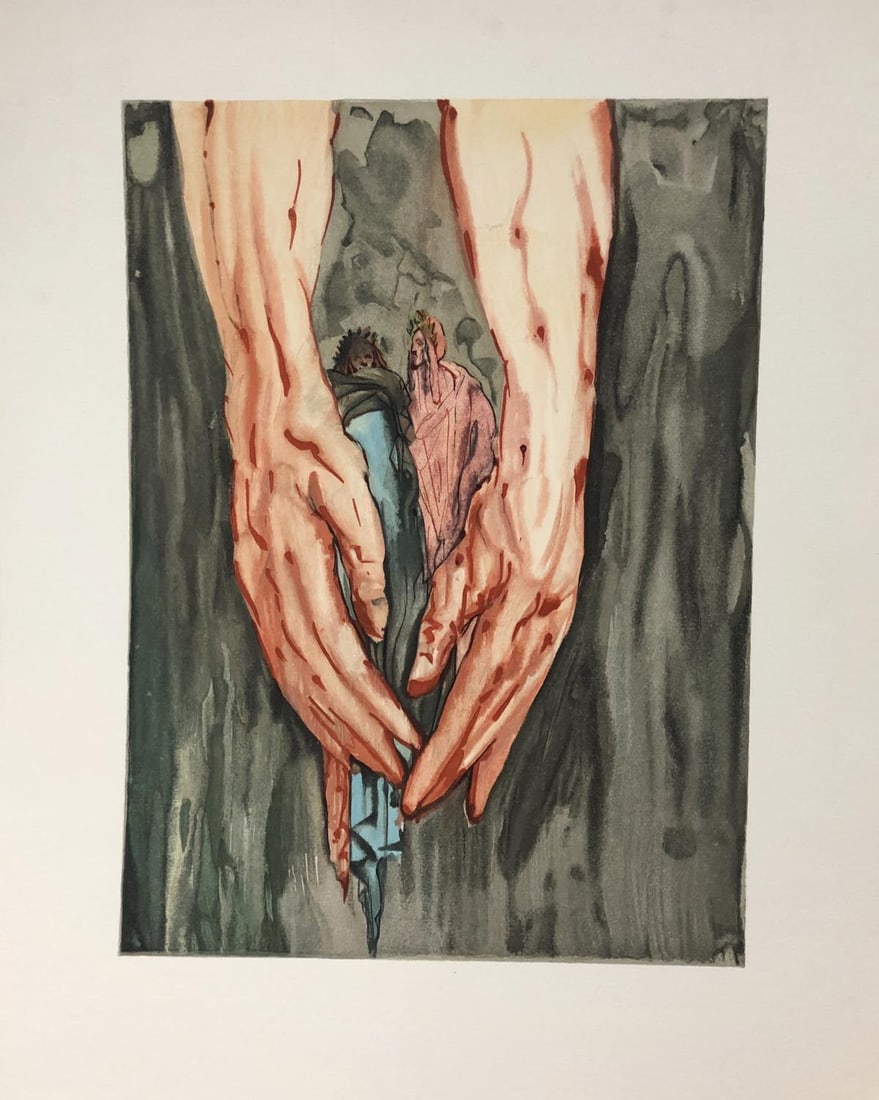 Salvador Dali - In the Hands of Anteus: Artist: Salvador DaliTitle: In the Hands of AnteusYear: 1964Dimensions: 13in. by 10.25in.Edition: From rare limited editionPublisher: Les Heures ClairesSuite: The Divine ComedyMedium: Original