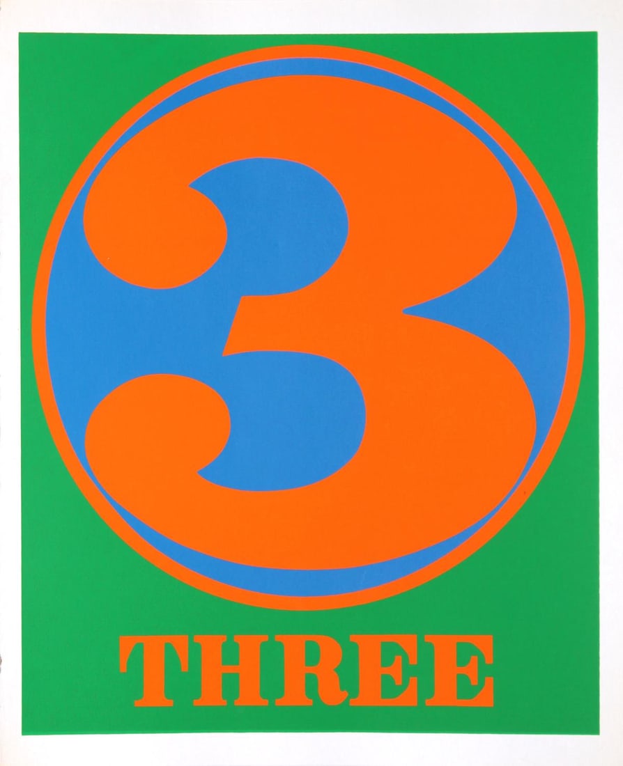 Robert Indiana - Three: Artist: Robert IndianaTitle: ThreeYear: 1968Dimensions: 10in. by 8.25in.Edition: From the limited edition of 2500Publisher: Edition Domberger StuttgartSuite: Robert Creeley: NumbersMedium: Original