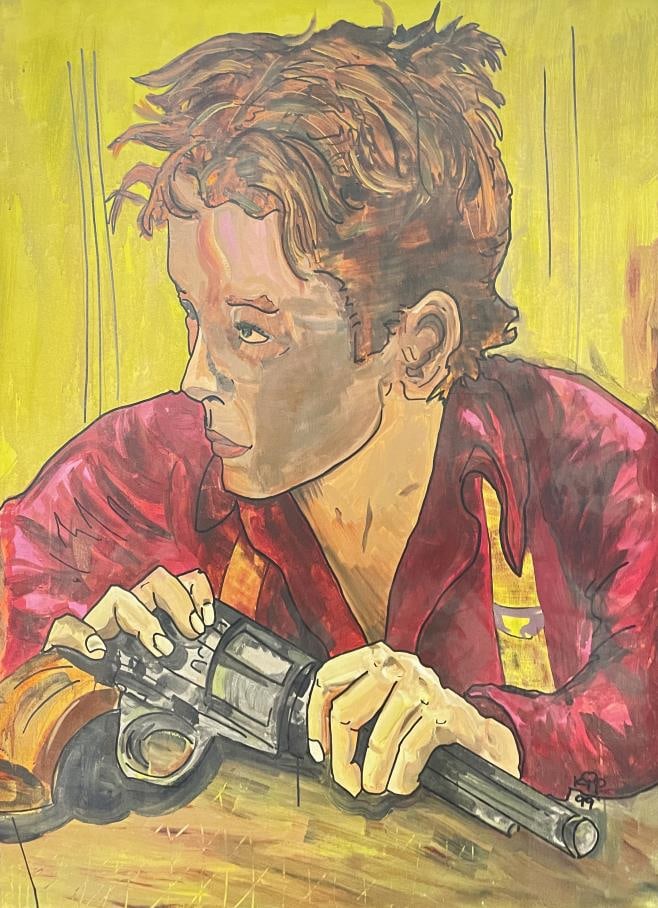 Kip Frace - Man with Pistol: Artist: Kip FraceTitle: Man with PistolYear: 1999Dimensions: 44 in. by 56in.Edition: Unique One of a Kind ArtworkMedium: Original Acrylic on CanvasCondition: ExcellentSignature Details: Initialed