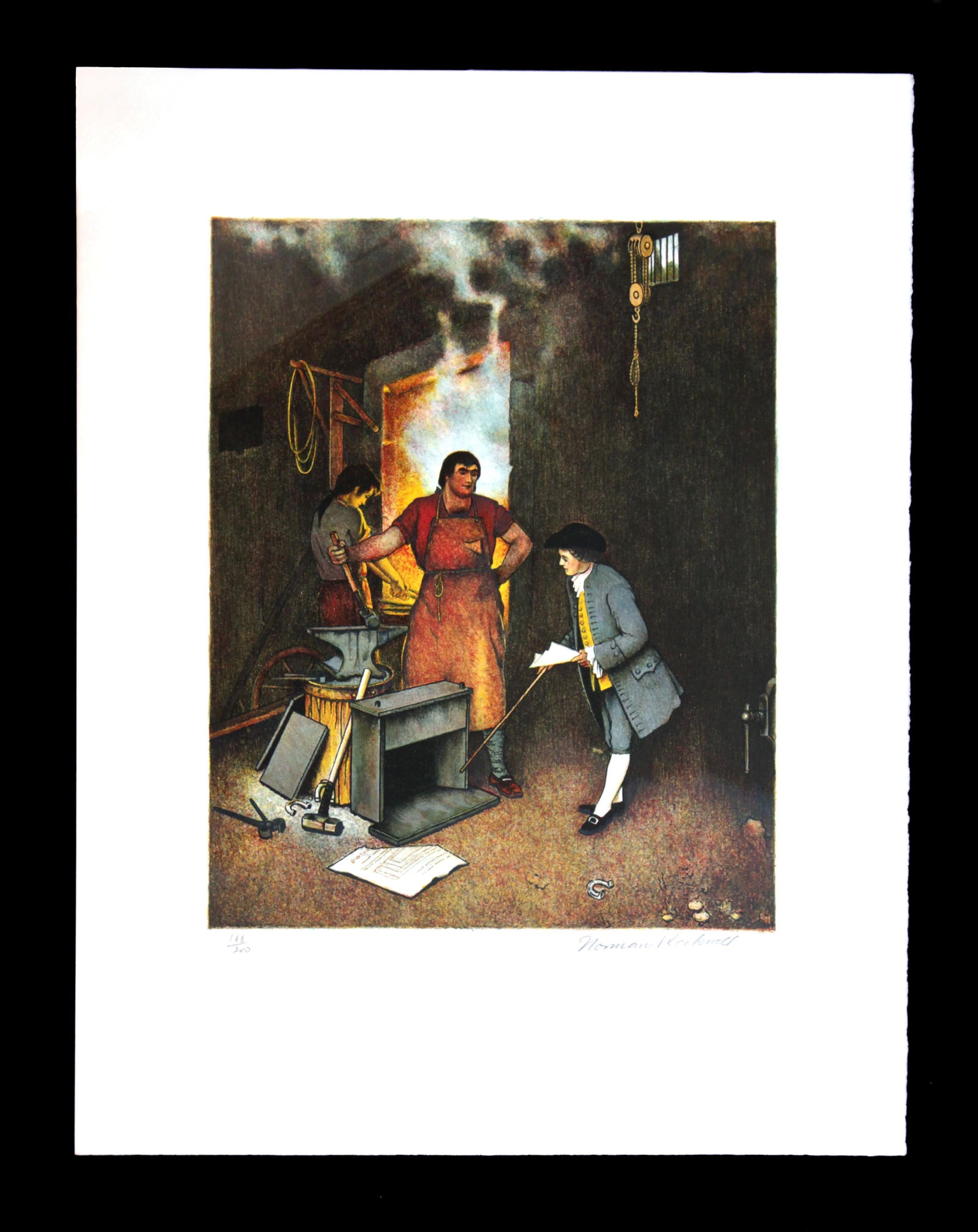 Norman Rockwell - The Village Smithy: Artist: Norman RockwellTitle: The Village SmithyYear: 1973Dimensions: 20in. by 26in.Edition: From the limited edition of 200Publisher: Editions Mourlot ParisSuite: Poor Richard's AlmanacMedium: