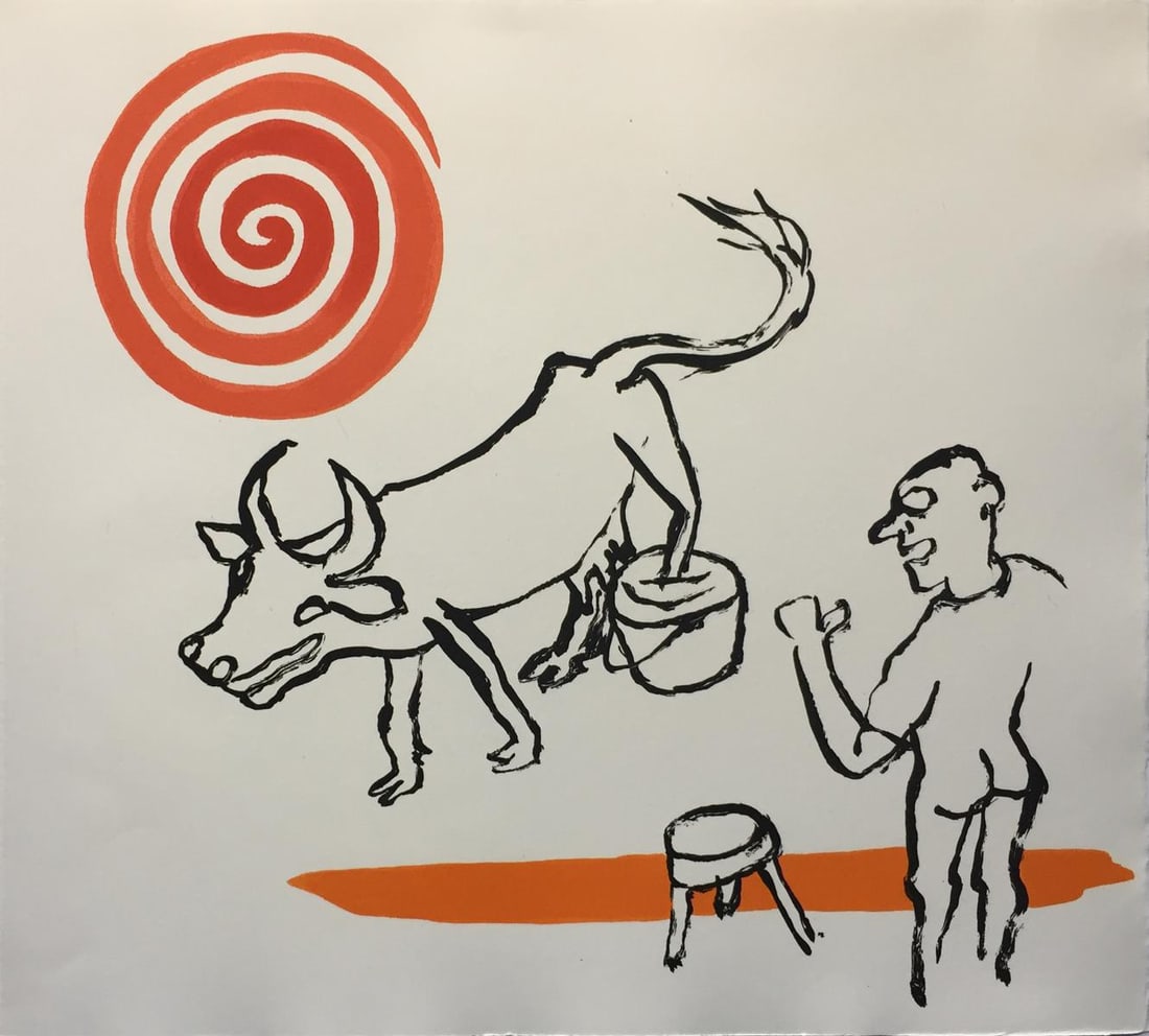 Alexander Calder - Untitled (Man Bull Spiral): Artist: Alexander CalderTitle: Untitled (Man Bull Spiral)Year: 1976Dimensions: 16 1/4in. by 17 3/4in.Edition: From the Rare Limited Edition of 200Publisher: MaeghtSuite: Le Sacrilege d'Alan