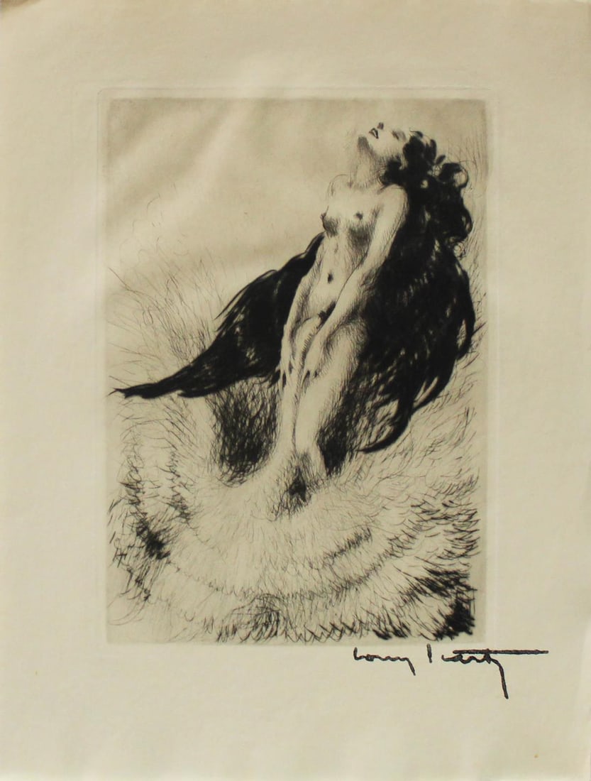 Louis Icart - Untitled from "Leda and the Swan": Artist: Louis IcartTitle: Untitled from "Leda and the Swan"Year: c. 1943Dimensions: 8.25in. by 11.25in.Edition: From the rare limited editionPublisher: Le Vasseur et Cie. Paris.Suite: Leda and the