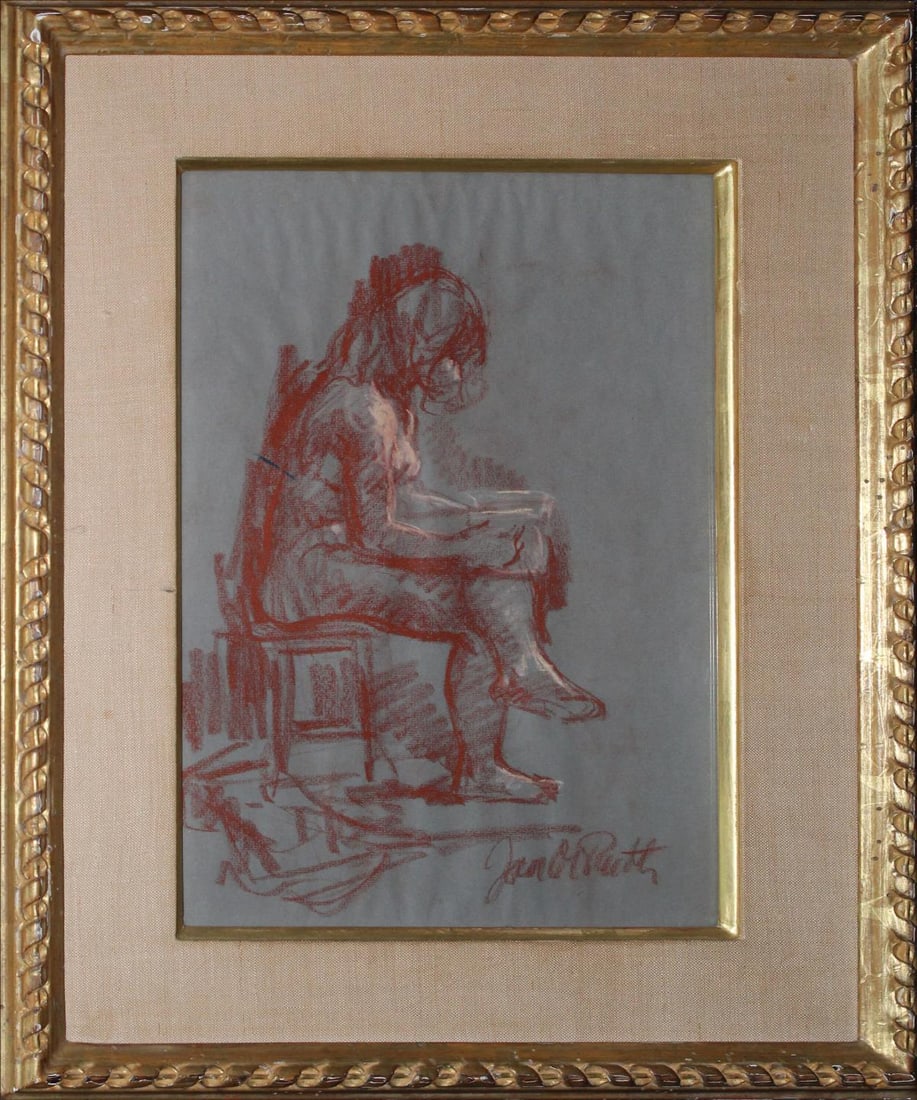 Jan de Ruth - Untitled (Model Reading): Artist: Jan de RuthTitle: Untitled (Model Reading)Dimensions: 16 1/2in. by 10 1/2in.Edition: A unique and original work of artMedium: Original pastel/chalk sketch on paperCondition: