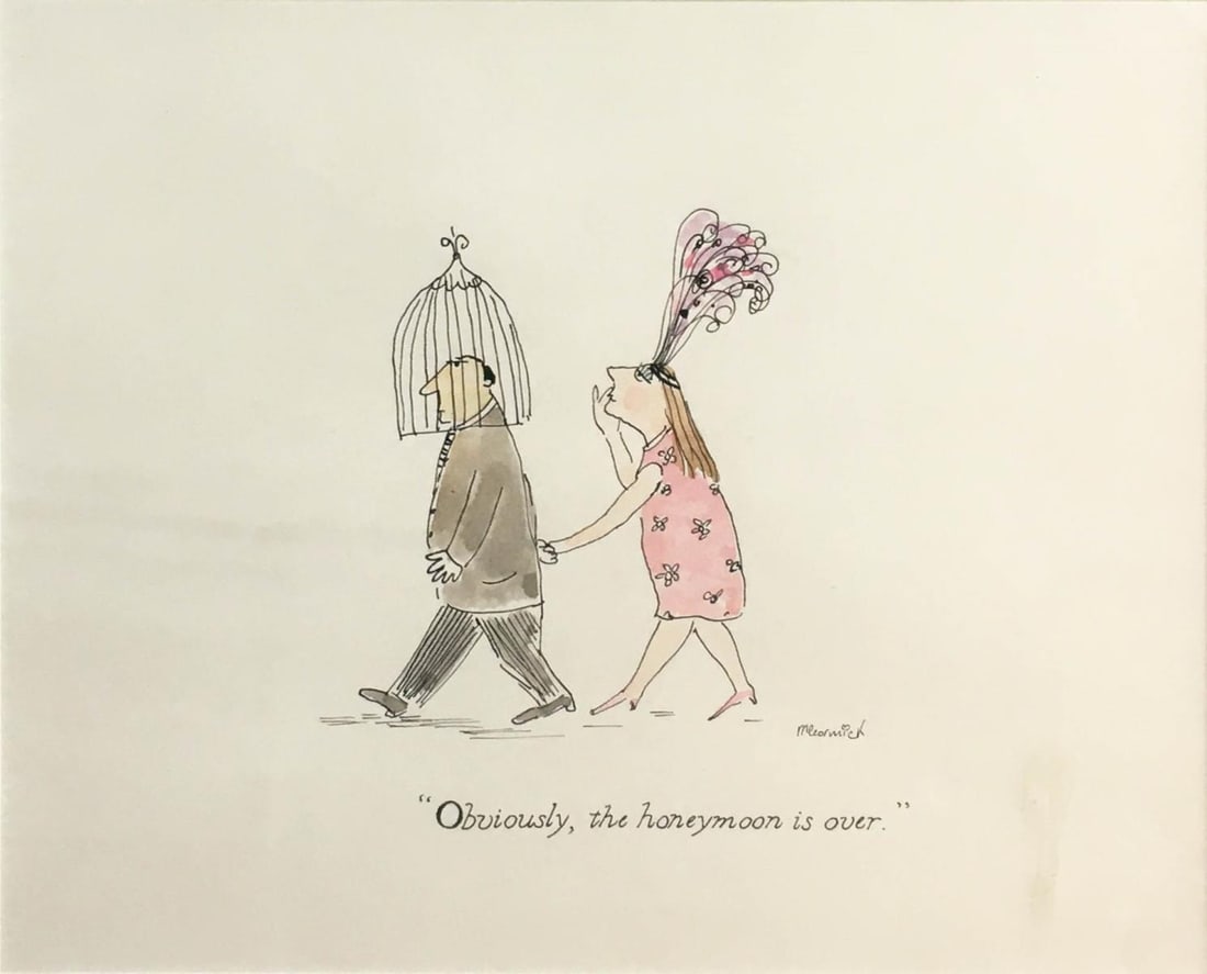 McCormick - The Honeymoon is Over: Artist: McCormick Title: The Honeymoon is Over Dimensions: 8in. by 10in. Edition: Unique One of a Kind Artwork Medium: Watercolor and Ink on Paper Condition: Ex
