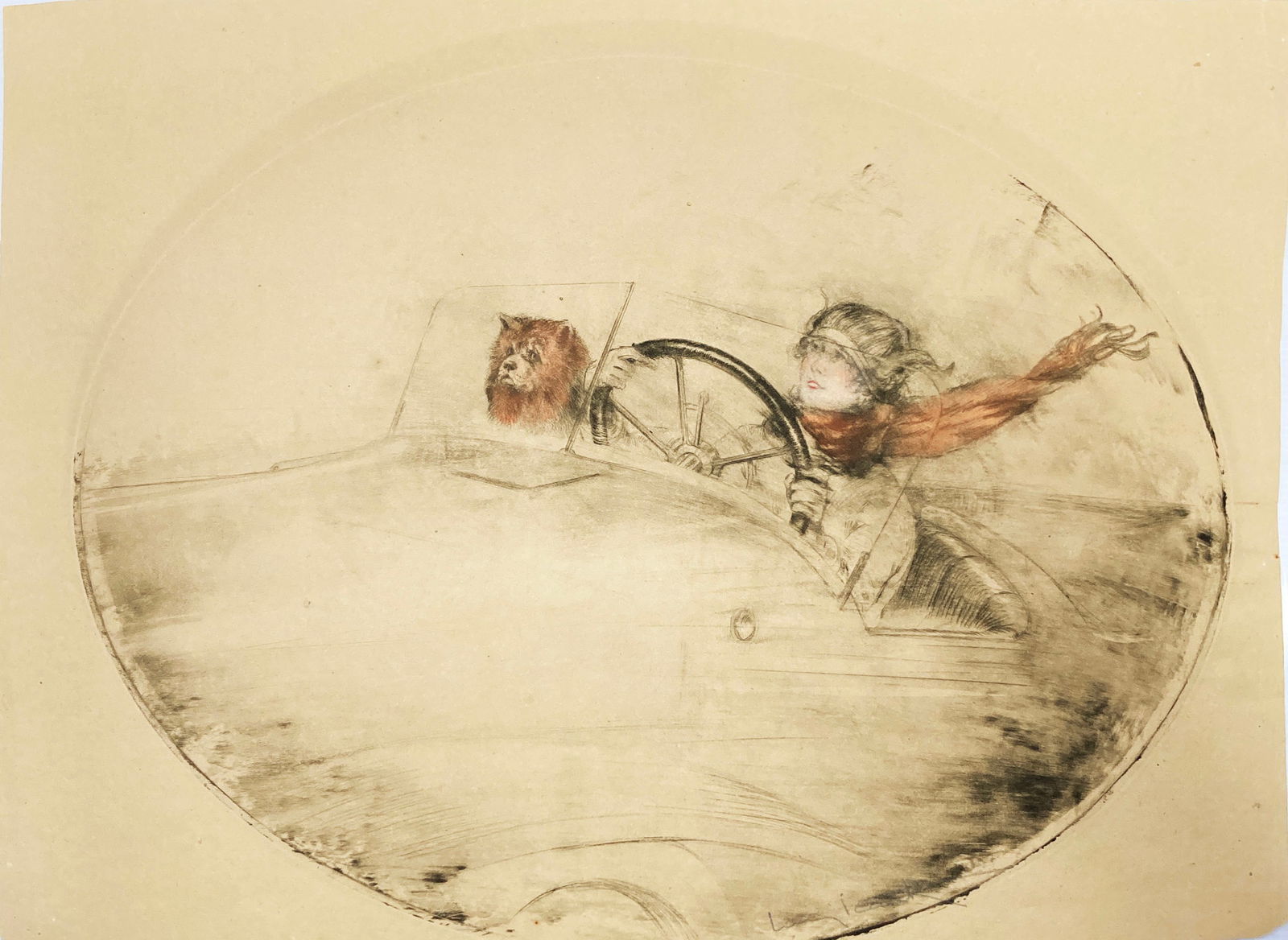 Louis Icart - Motorcar: Artist: Louis IcartTitle: MotorcarYear: 1923Dimensions: 17 1/2 x 24 in.Edition: From the rare limited editionMedium: Original drypoint etching with hand coloring on paperCondition: ExcellentSignature