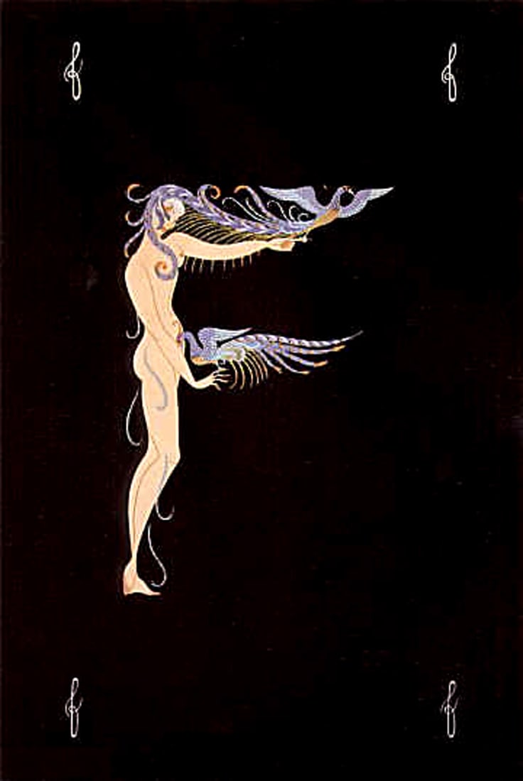 Erte - The Letter F: Artist: ErteTitle: The Letter FYear: 1976Dimensions: 25.5in. by 18.75in.Edition: From the rare limited editionPublisher: Atelier Gourdon Atelier Arcay Paris; American Atelier New YorkSuite: The