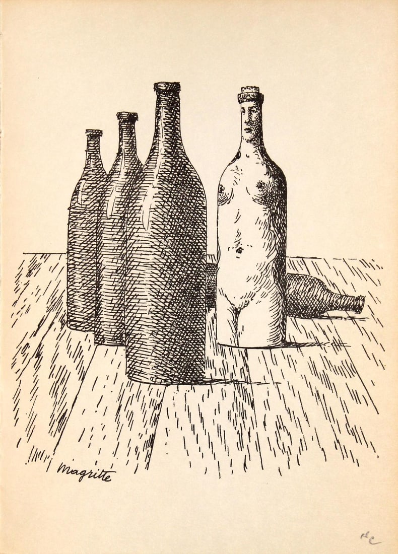 Rene Magritte - Untitled (Bottles): Artist: Rene MagritteTitle: Untitled (Bottles)Year: 1966Dimensions: 7in. by 5.25in.Edition: Numbered Ffrom the rare limited edition of 1077Publisher: Le Soleil NoirSuite: Aube a L'AntipodeMedium: