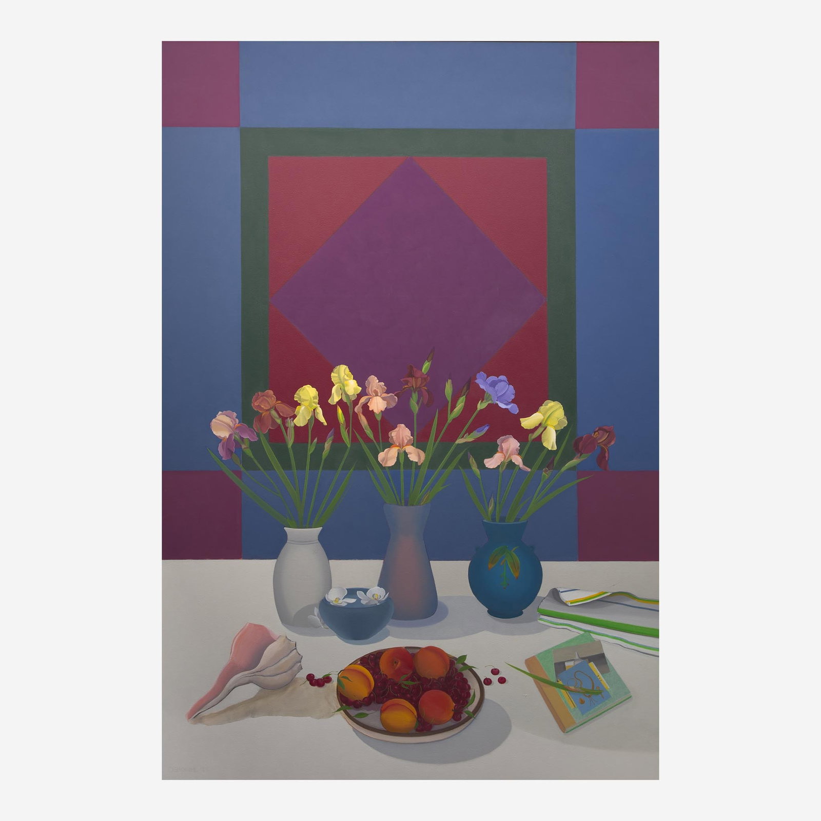 Elizabeth Osborne - Still Life with Amish Quilt: Artist: Elizabeth Osborne Title: Still Life with Amish Quilt Year: 1985 Dimensions: 88 1/2in. by 60in. Edition: Unique Work of Art Medium: Original Oil on Linen