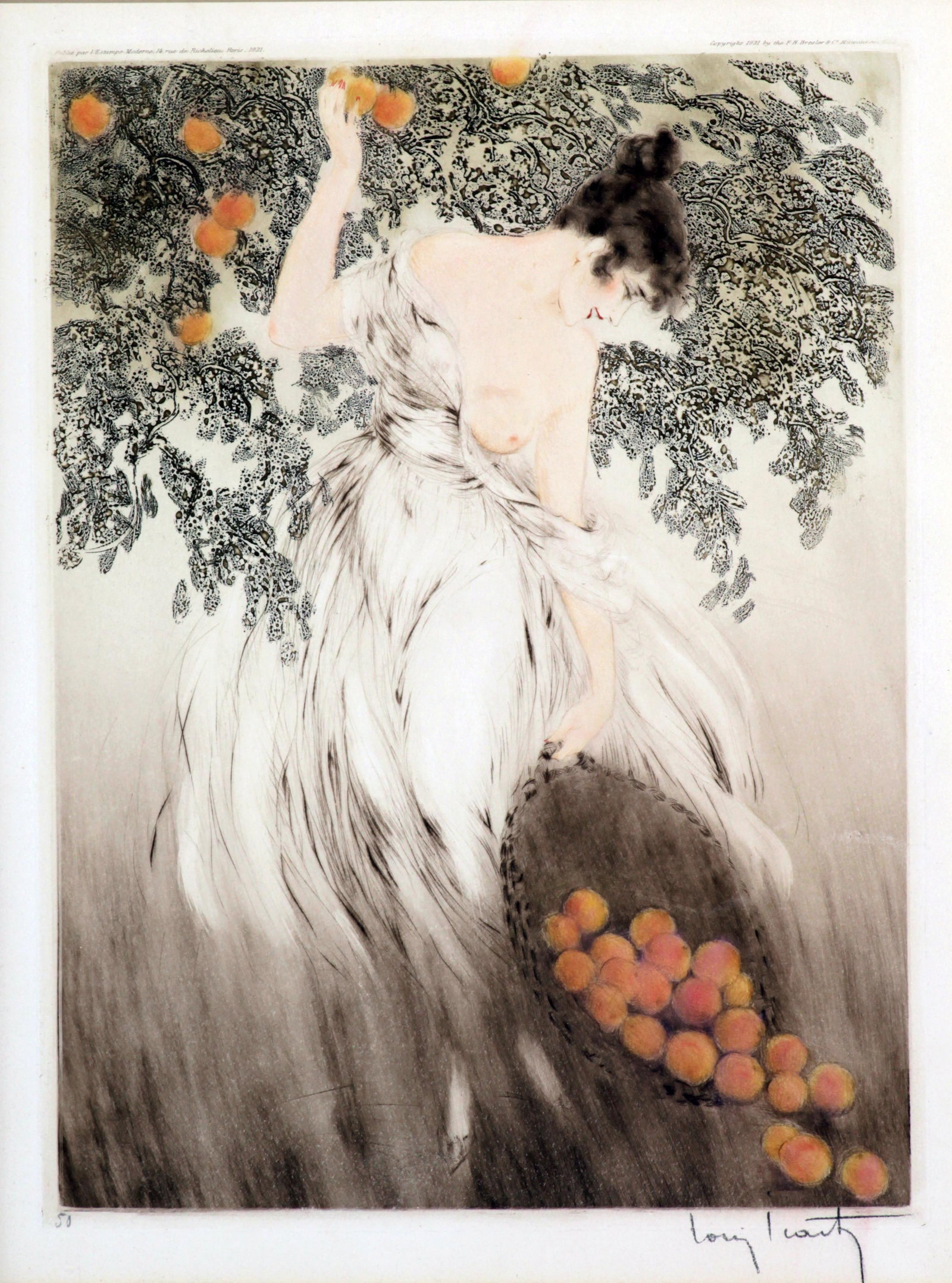 Louis Icart - Spilled Oranges: Artist: Louis IcartTitle: Spilled OrangesYear: 1921Dimensions: 15 1/8in. by 11 1/8in.Edition: From the rare limited editionMedium: Original soft ground etching with hand watercoloring on