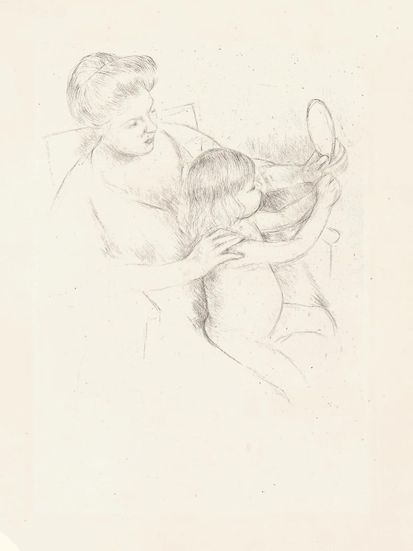 Mary Cassatt - Looking into Hand Mirror: Artist: Mary CassattTitle: Looking into Hand MirrorYear: 1905Dimensions: 8 1/4in. by 5 3/4in.Medium: Drypoint on blue/gray laid paperSignature Details: UNsignedComes with Letter of Authenticity,