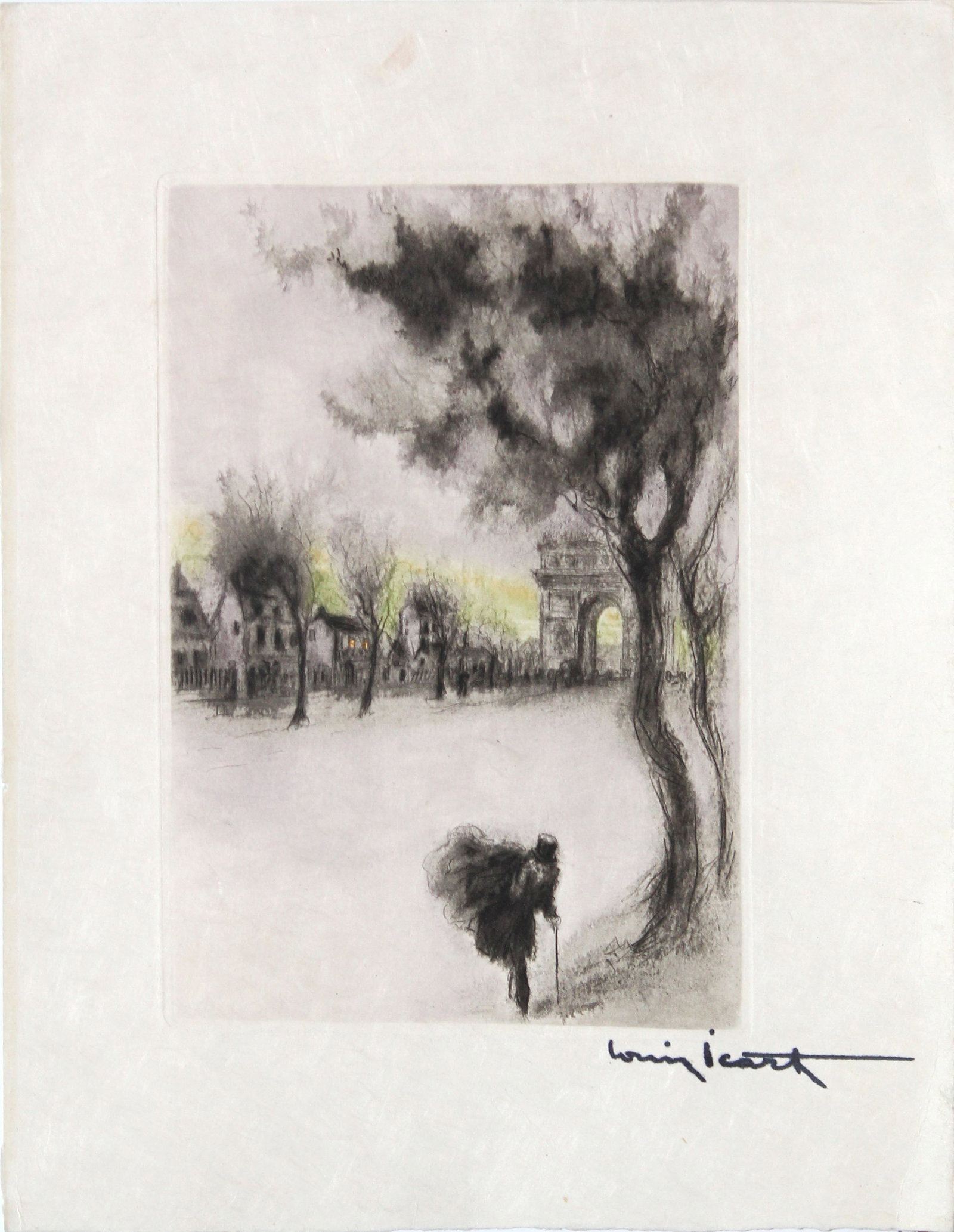Louis Icart - By the Arc: Artist: Louis Icart Title: By the Arc Year: 1938 Dimensions: 11 1/4 x 8 3/4 in. Edition: From the rare limited edition of 250 Publisher: Suite: