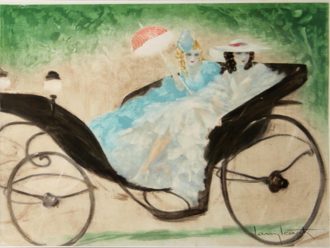 Louis Icart - Promenade au Bois: Artist: Louis IcartTitle: Promenade au BoisYear: 1953Dimensions: 12.75in. by 15.75in.Edition: From the rare limited editionMedium: Etching on paper with hand coloringCondition: ExcellentSignature