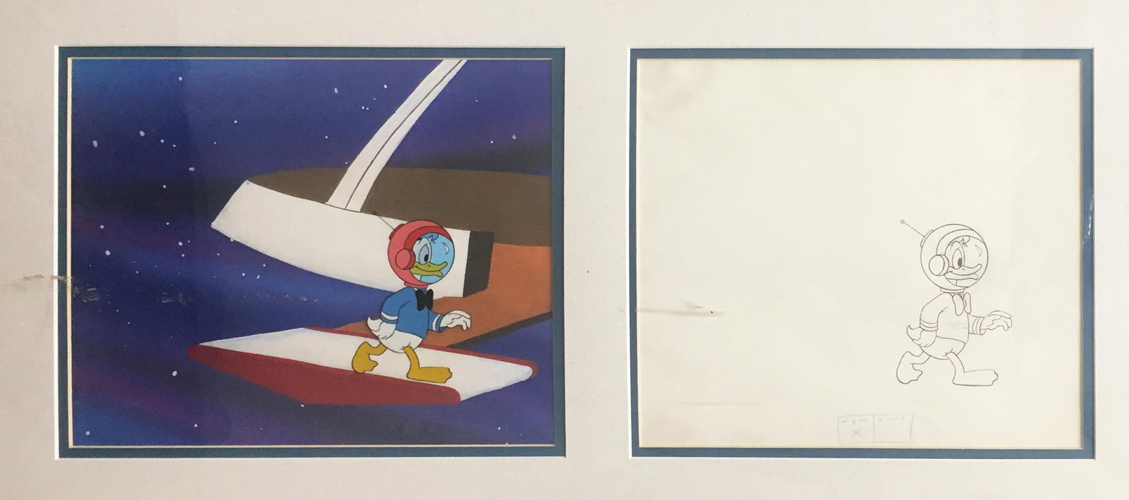 Disney - Donald Duck in Space: Artist: DisneyTitle: Donald Duck in SpaceDimensions: 15in. by 29in.Edition: Unique One of a Kind ArtworkPublisher: Walt Disney CoMedium: Gouache on Acetate and Graphite and Colored Pencil on