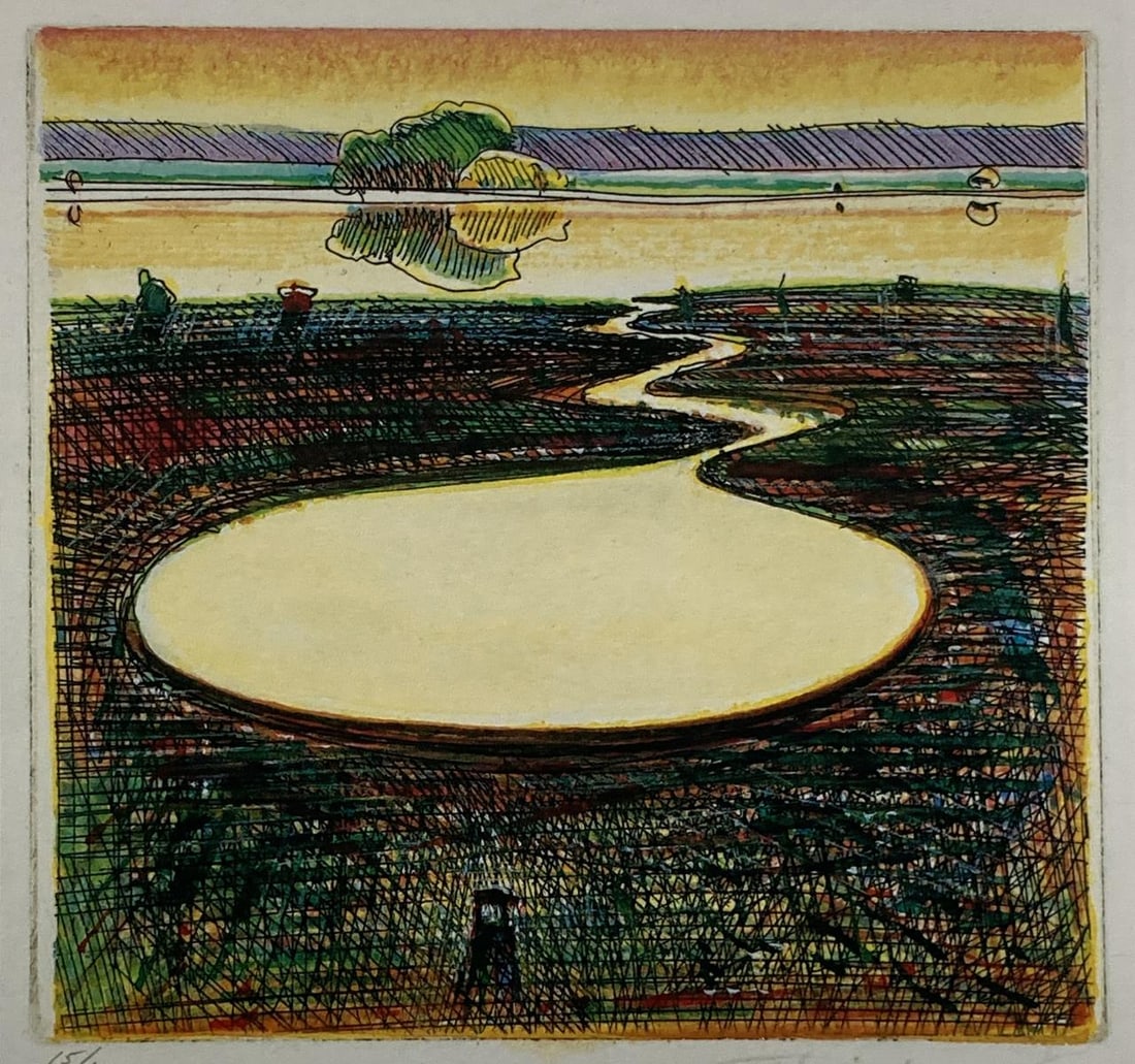 Wayne Thiebaud - Farm Pond: Artist: Wayne ThiebaudTitle: Farm PondYear: 1991 Dimensions: 9in. by 10.5in. Sheet Size Edition:From the Limited Edition Publisher: Chronicle Medium: Offset Lithograph on paper Condition: