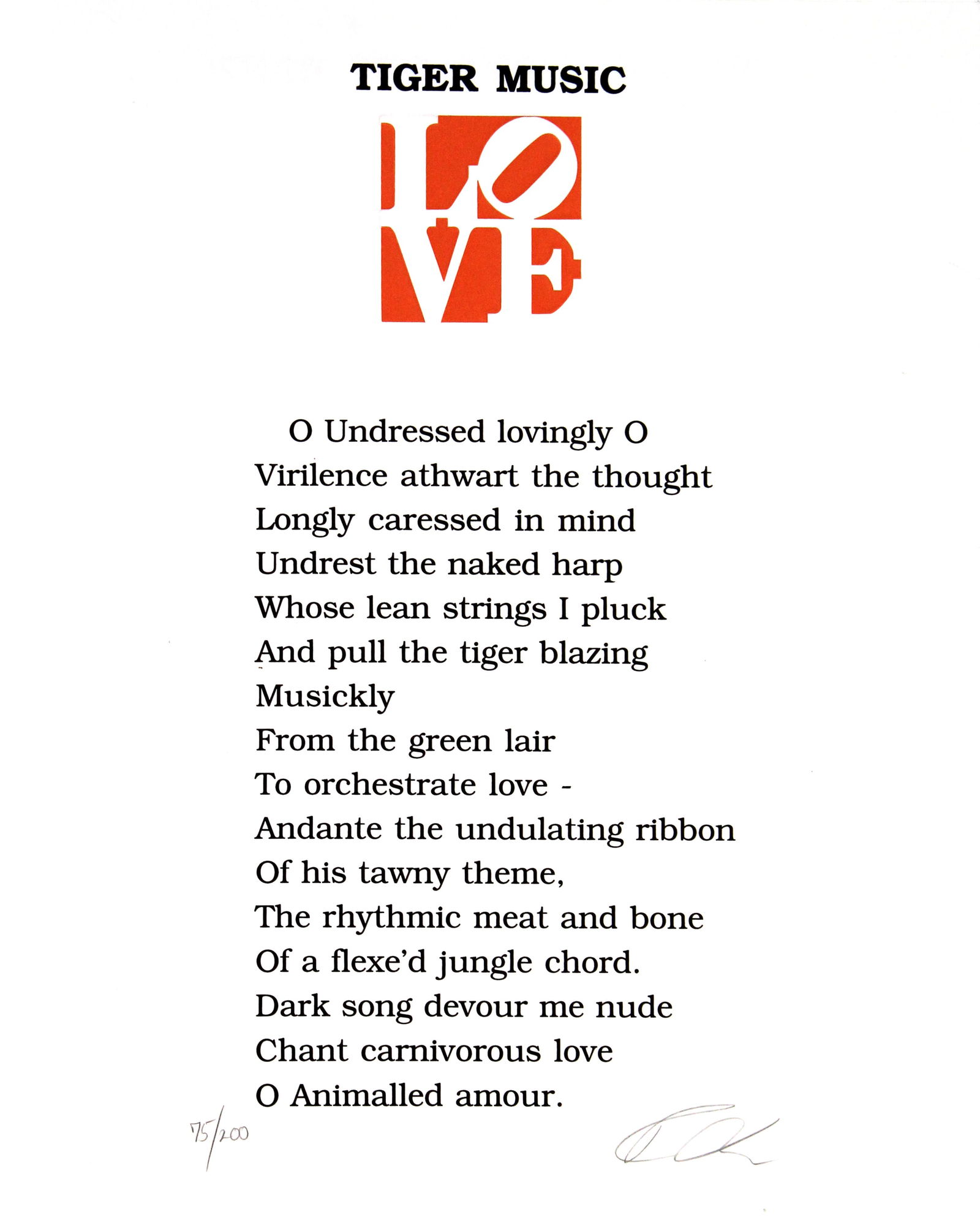 Robert Indiana - Tiger Music: Artist: Robert Indiana Title: Tiger Music Year: 1996 Dimensions: 24 x 20 in. Edition: from the limited edition of 200 Publisher: American Image Ediitons