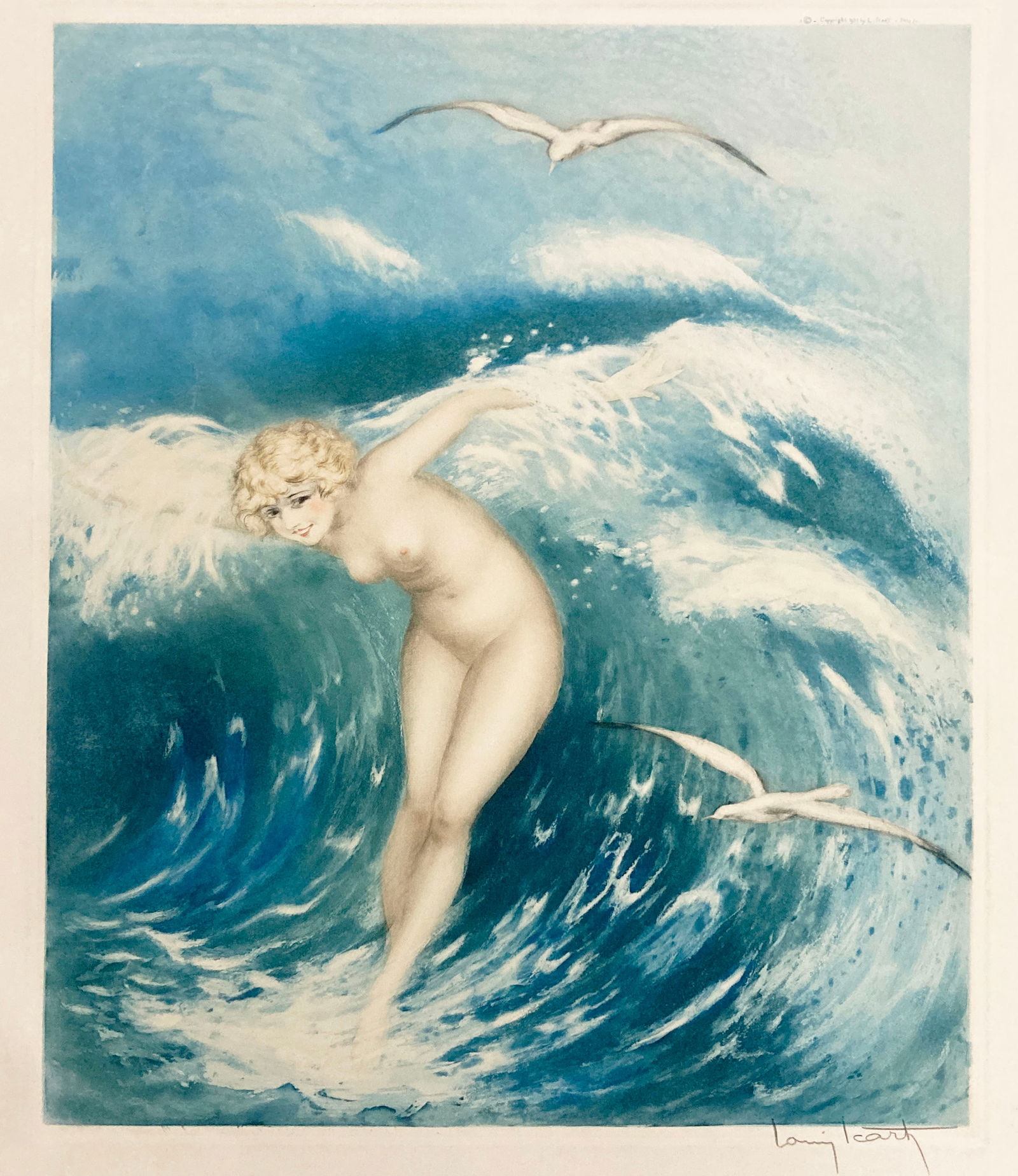 Louis Icart - Venus in the Waves (Light Blue): Artist: Louis Icart Title: Venus in the Waves (Light Blue) Year: 1931 Dimensions: 19 x 15 3/8 in. Edition: From the rare limited edition Medium: Original drypoi