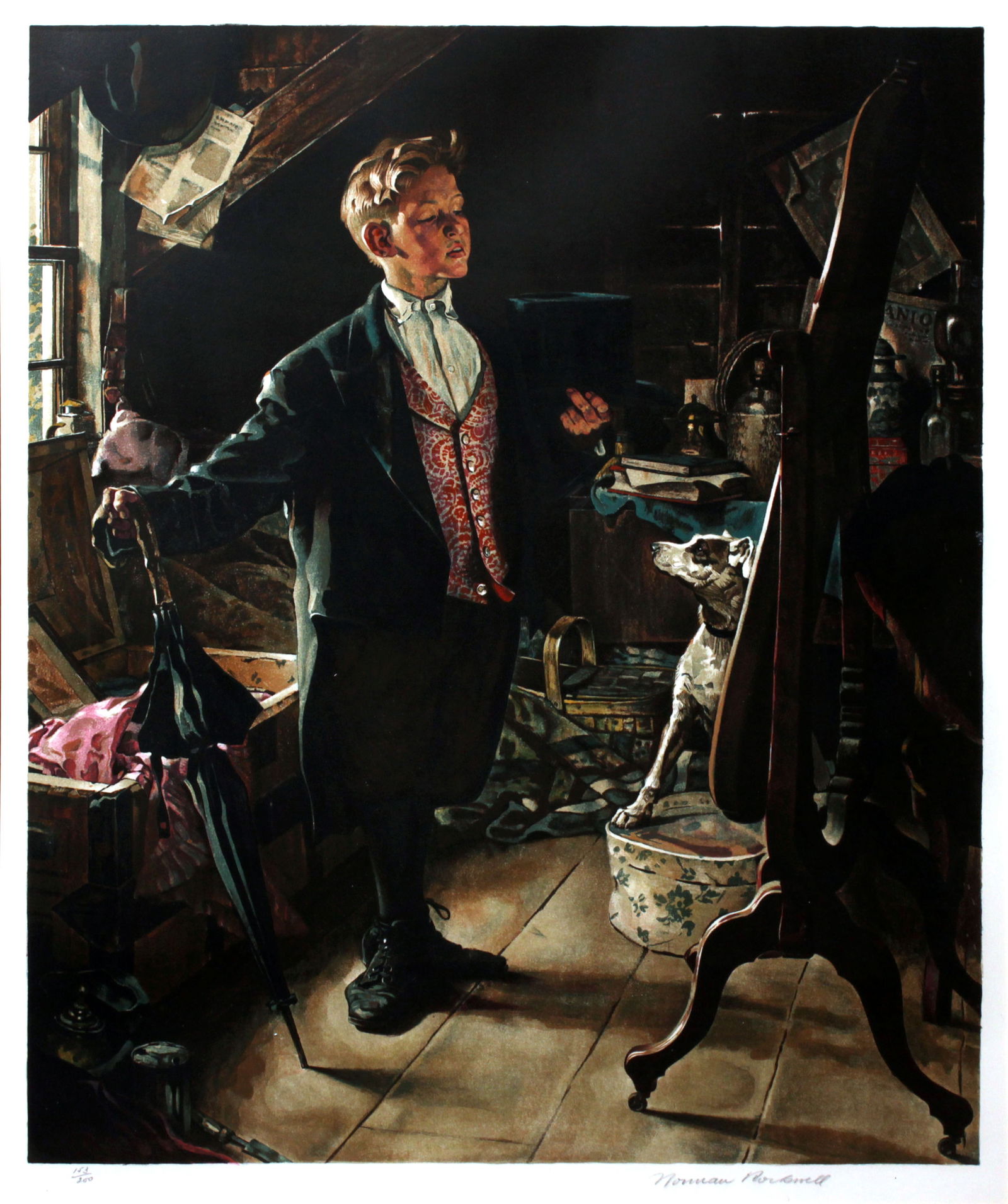 Norman Rockwell - Top Hat and Tails: Artist: Norman RockwellTitle: Top Hat and TailsYear: 1976Dimensions: 28in. by 34in.Edition: From the rare Artist's Proof editionMedium: Original lithograph on paperCondition: ExcellentSignature