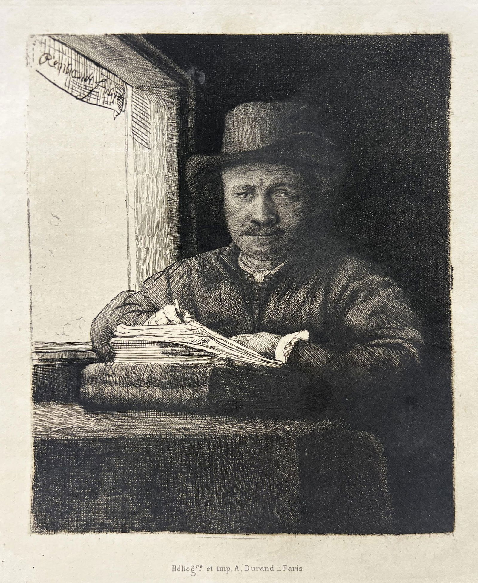 Rembrandt van Rijn (After) - Self-drawing Portrait at a Window: Artist: Rembrandt van Rijn (After)Title: Self-drawing Portrait at a WindowYear: 1880Dimensions: 9 1/2 x 12 1/4 inEdition: From the limited editionPublisher: Macmillan and CoSuite: Etchings and