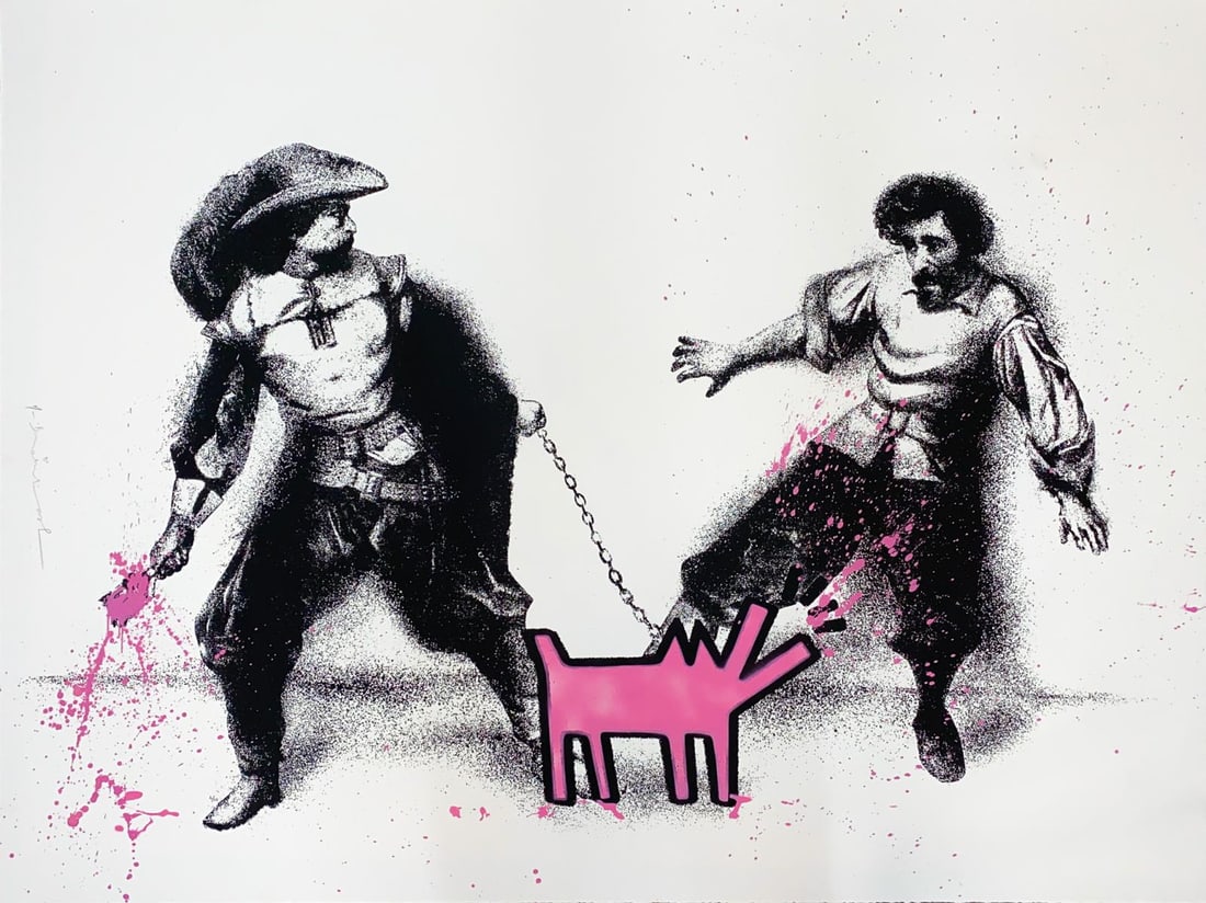 Mr. Brainwash - Watch Out! (Large Pink): Artist: Mr. BrainwashTitle: Watch Out! (Large Pink)Year: 2019Dimensions: 40in. by 54in.Edition: from the edition of 3Medium: Original screenprint with hand splattered paint on paperCondition: