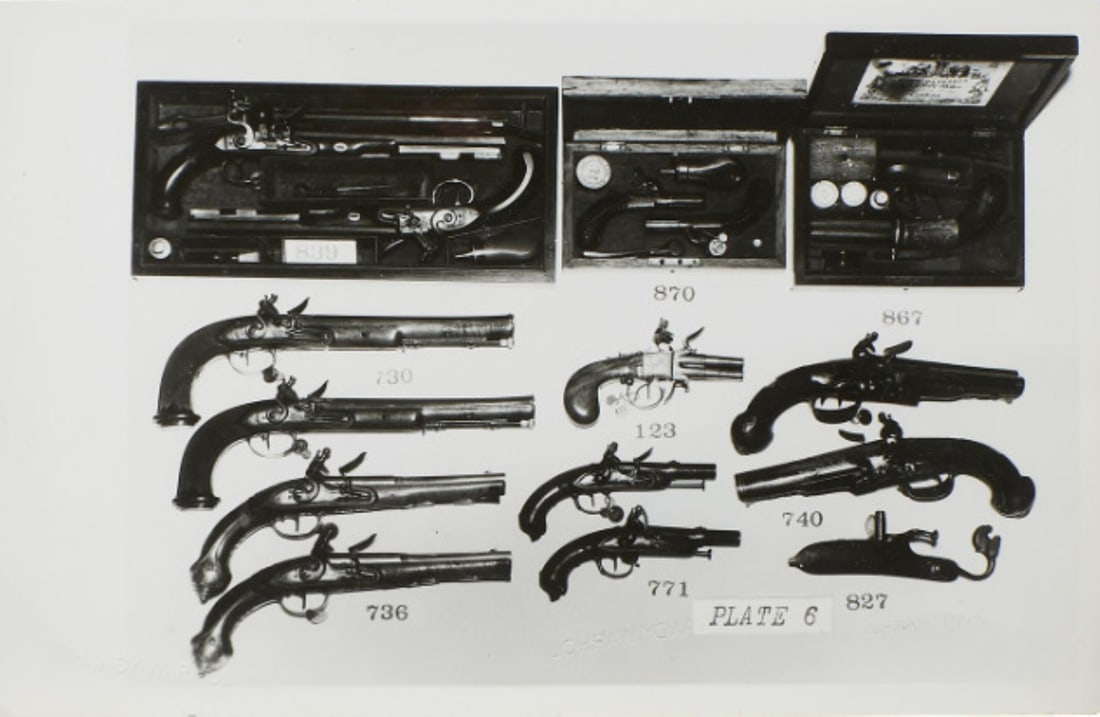 Andy Warhol - Gun Collection Photograph: Artist: Andy WarholTitle: Gun Collection PhotgraphDimensions: 5 1/2in. by 8 1/2in.Medium: Gelatin Silver PrintSignature Details: Three embossed blindstamps Andy Warhol and estate stamp on versoComes