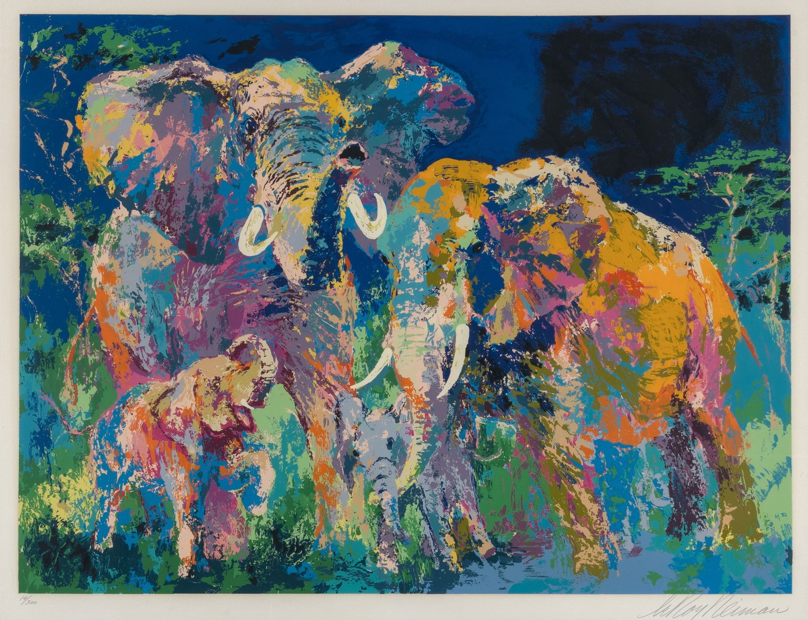 LeRoy Neiman - Elephant Family: Artist: LeRoy NeimanTitle: Elephant FamilyYear: 1983Dimensions: 28 1/2 x 37 7/8 in.Edition: 14 from the limited edition of 300Medium: Screenprint on paperCondition: ExcellentSignature Details: hand