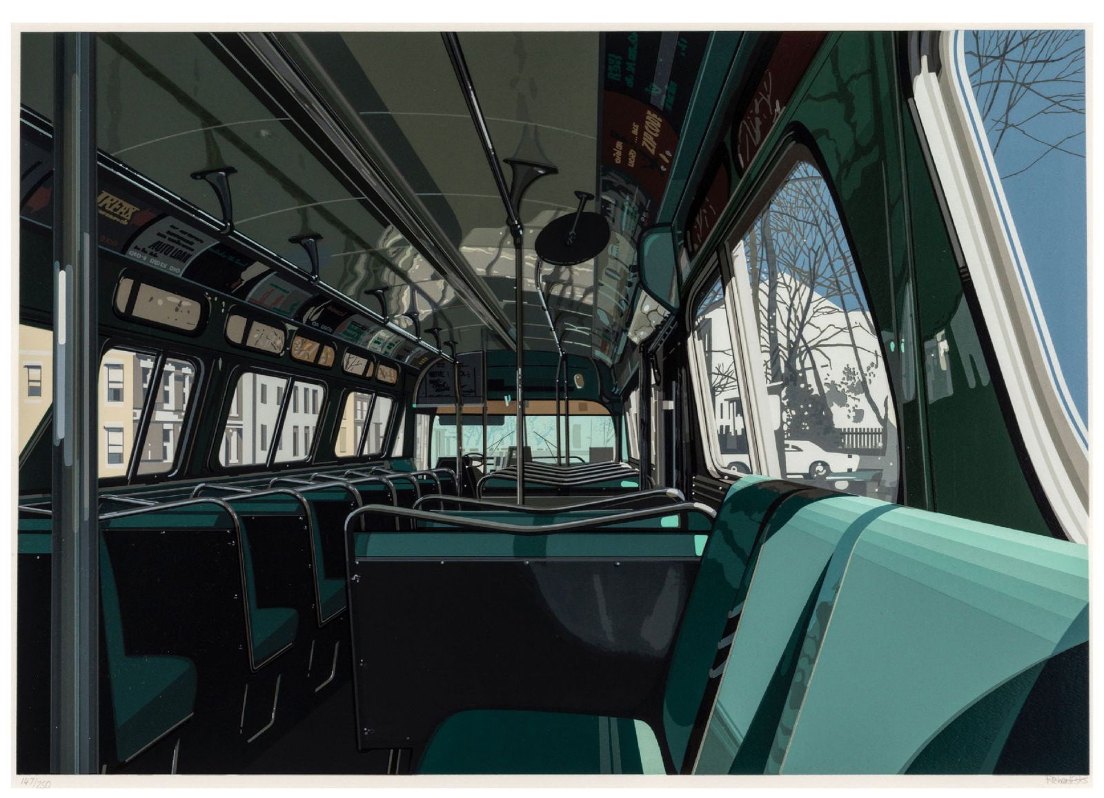 Richard Estes - Bus Interior: Artist: Richard EstesTitle: Bus InteriorYear: 1981Dimensions: 19 5/8 x 27 1/2 in.Edition: 147 from the limited edition of 250Publisher: Parasol Press Ltd., New YorkSuite: Urban Landscapes IIIMedium: