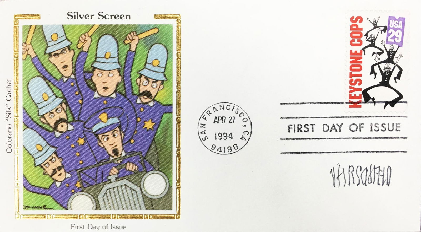 Al Hirschfeld and Dunne - Keystone Cops First Day of Issue: Artist: Al Hirschfeld and DunneTitle: Keystone Cops First Day of IssueYear: 1994Dimensions: 3 5/8in. by 6 1/2in.Edition: From the Rare Limited EditionMedium: Original Stamp and Colorano Silk