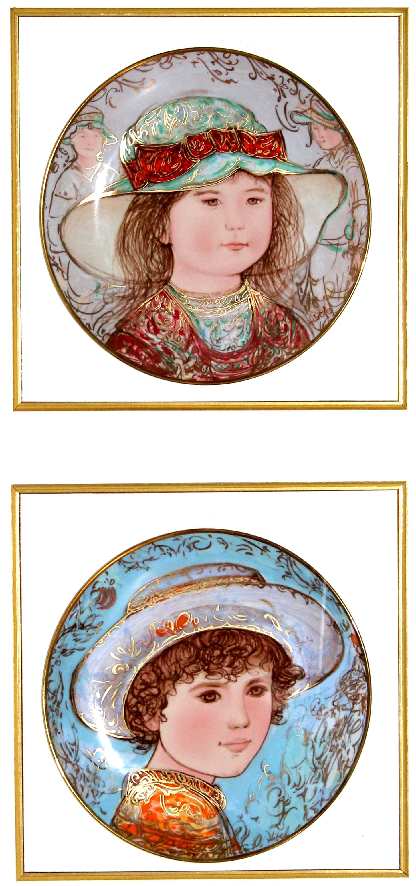 Edna Hibel - "Wendy" & "Todd": Artist: Edna HibelTitle: "Wendy" & "Todd"Year: 1985-85Dimensions: 9.5in. by 9.5in.Edition: From the limited edition of 19500Publisher: Hibel StudioMedium: Two original painted ceramic