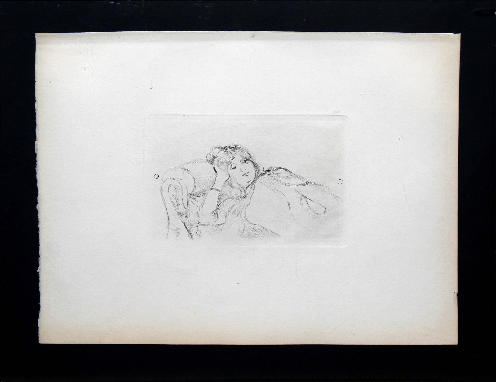Berthe Morisot - Jeune Fille Entendue: Artist: Berthe MorisotTitle: Jeune Fille EntendueYear: c. 1896Dimensions: 7 3/4 x 9 3/4 in.Edition: From the limited editionPublisher: Theodore Duret, Editeur; ParisMedium: Original etching on