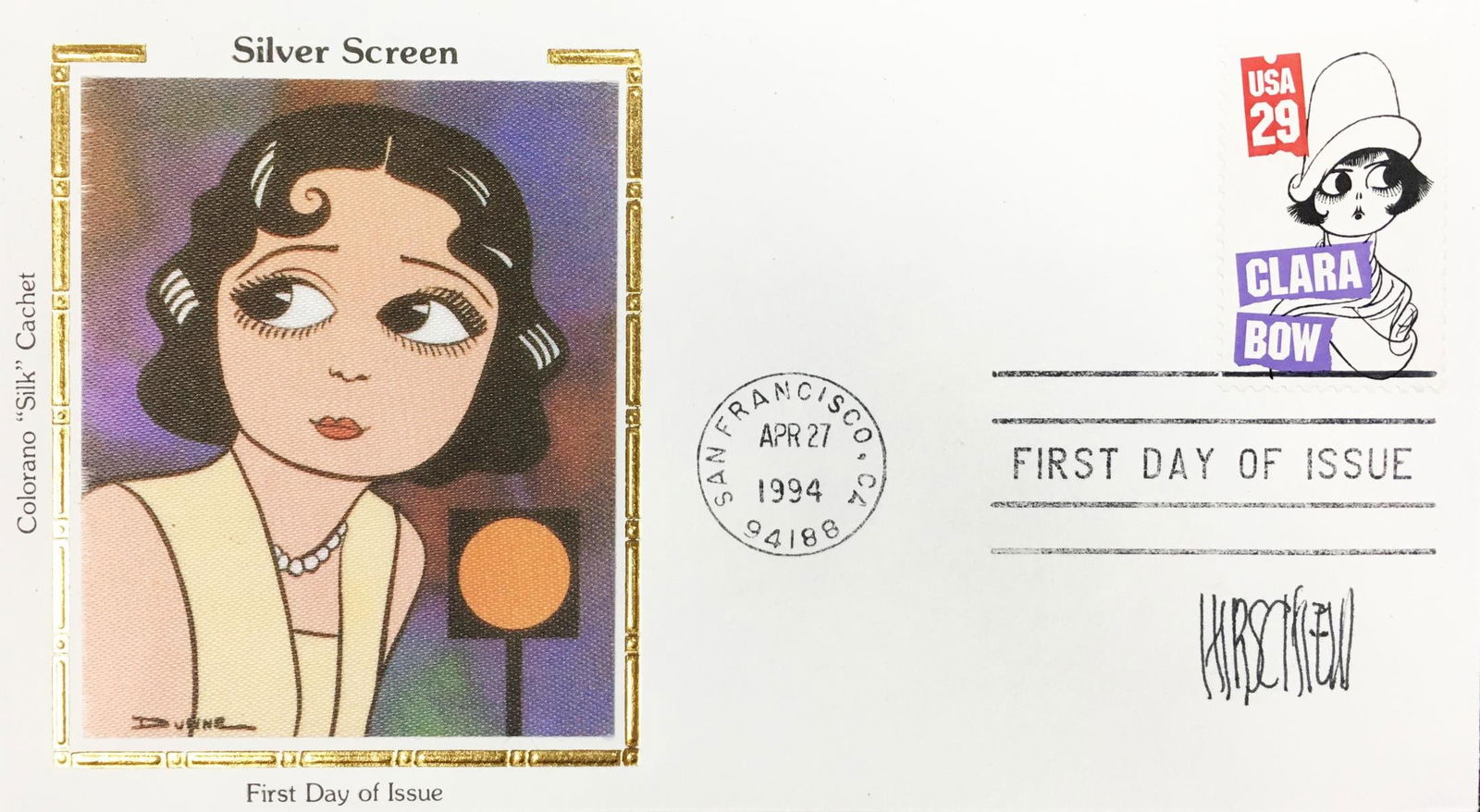 Al Hirschfeld and Dunne - Clara Bow First Day of Issue: Artist: Al Hirschfeld and DunneTitle: Clara Bow First Day of IssueYear: 1994Dimensions: 3 5/8in. by 6 1/2in.Edition: From the Rare Limited EditionMedium: Original Stamp and Colorano Silk