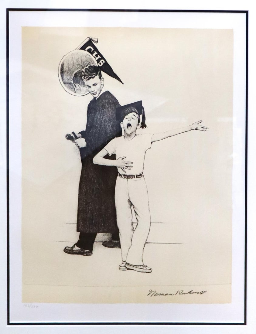 Norman Rockwell - Graduation day: Artist: Norman RockwellTitle: Graduation dayDimensions: 17.5in. by 13in.Edition: From the rare limited edition of 200Medium: Original lithograph on paperCondition: MintSignature Details: Hand signed