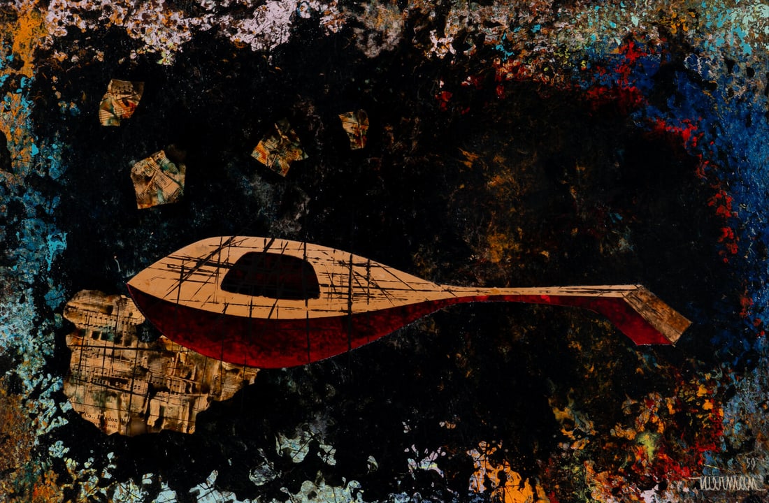 Leonardo Nierman - The Mandolin: Artist: Leonardo NiermanTitle: The MandolinYear: 1959Dimensions: 15 3/4 x 23 3/4 in.Edition: Original work of artMedium: Mixed media on masoniteCondition: ExcellentSignature Details: Signed and dated