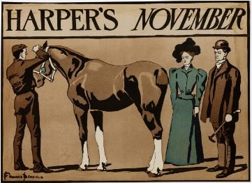 Edward Penfield - Harper's November 1898: Artist: Edward PenfieldTitle: Harper's November 1898Year: 1898Dimensions: 16in. by 22 3/8in.Edition: From the rare limited editionMedium: Original lithograph in colors on paperCondition: As