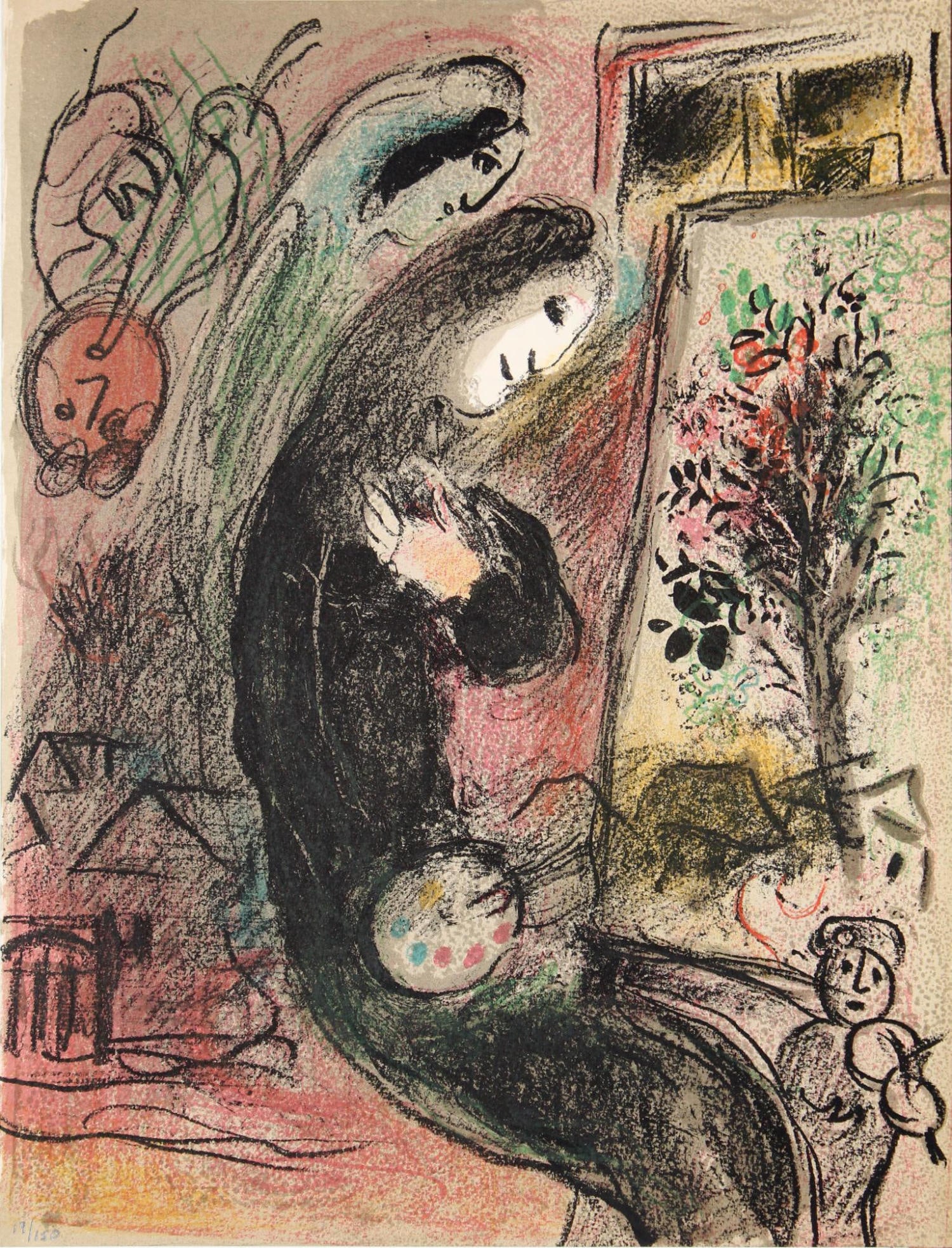 Marc Chagall - Inspired: Artist: Marc ChagallTitle: InspiredYear: 1963Dimensions: 12.5in. by 9.5in.Edition: From the rare limited edition of 150Publisher: Atelier Mourlot ParisSuite: The Lithographs of Chagall Volume