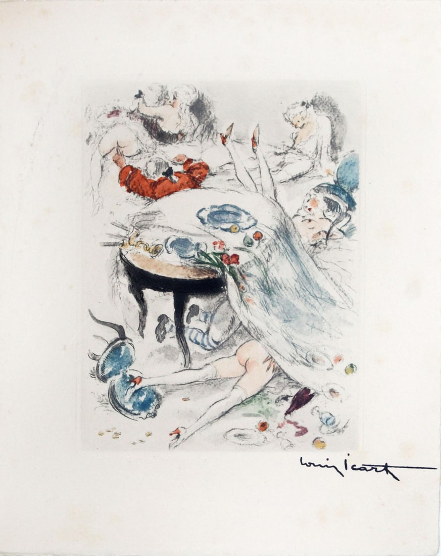Louis Icart - Orgy: Artist: Louis IcartTitle: OrgyYear: 1947Dimensions: 11in. by 8.5in.Edition: From the rare limited edition of 500Publisher: Georges Guillot Editeur: ParisSuite: Felecia ou Mes FredainesMedium: