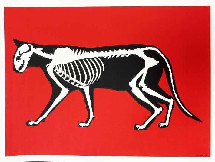 Hijack - Skeleton Cat: Artist: HijackTitle: Skeleton CatYear: 2022Dimensions: 22.25in. by 29.5in.Edition: Numbered from the Rare Limited Edition of 10Medium: Original Screen Print in Colors on PaperCondition: