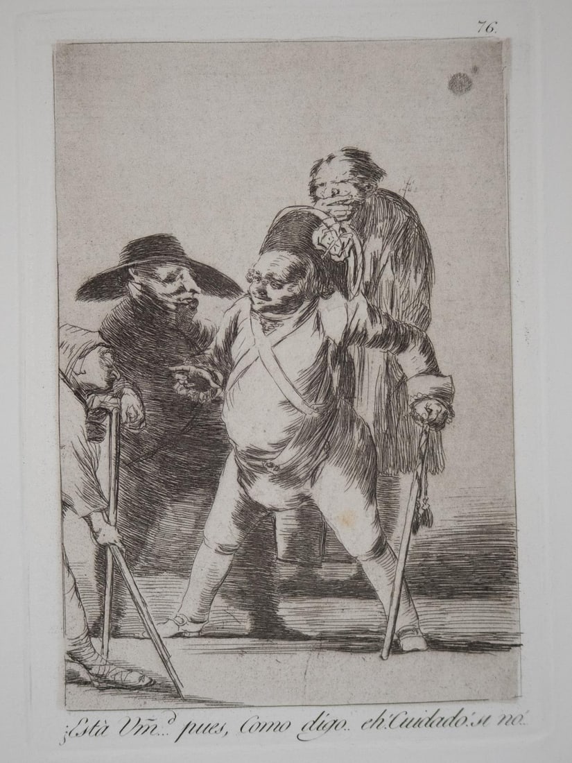 Francisco Goya - Esta Un... Pues Como digo.. Cuidado: Artist: Francisco GoyaTitle: Esta Un... Pues Como digo.. Cuidado Year: 1799Dimensions: 11.5in. by 8.25in.Edition: From the rare limited editionSuite: Los CaprichosMedium: Original etching on