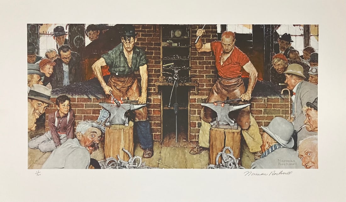 Norman Rockwell - Horseshoe Forging Contest: Artist: Norman RockwellTitle: Horseshoe Forging ContestYear: 1978Dimensions: 18 x 30 in.Edition: From the rare limited edition of 200Medium: Original lithograph on paperCondition: ExcellentSignature