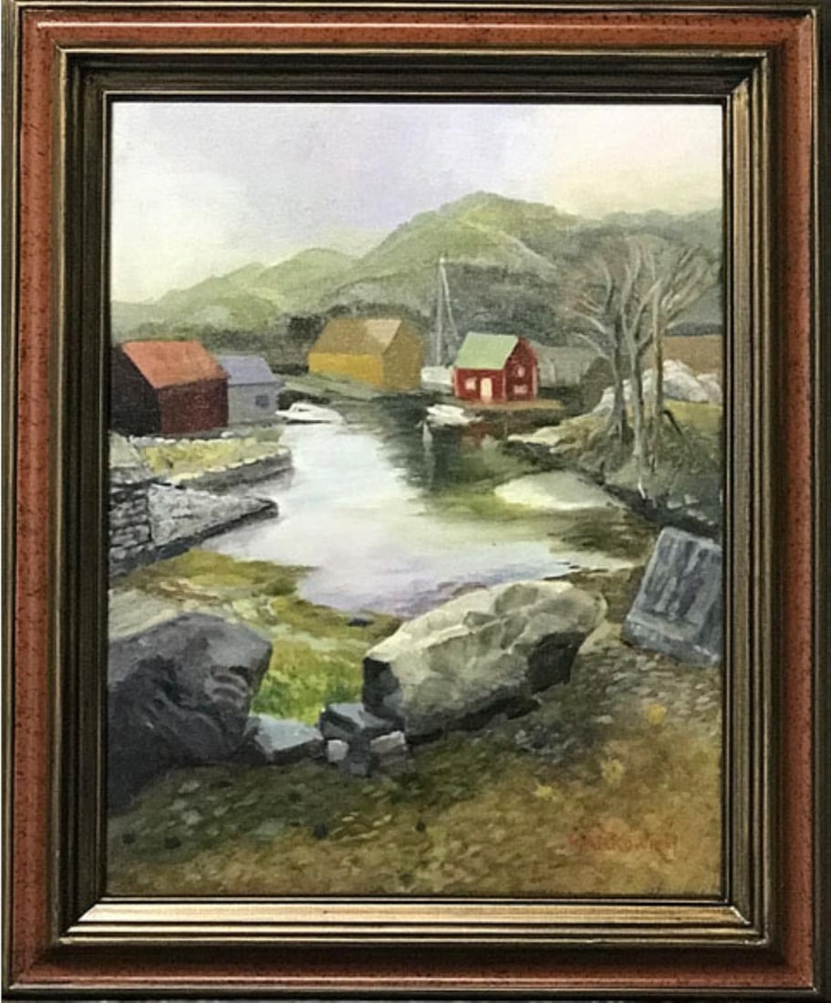 Nancy Markowich - Village in Norway: Artist: Nancy MarkowichTitle: Village in NorwayDimensions: 14in. by 18in.Edition: One of a kind ArtworkMedium: Oil on Linen PanelCondition: ExcellentSignature Details: Hand signed by artistComes with