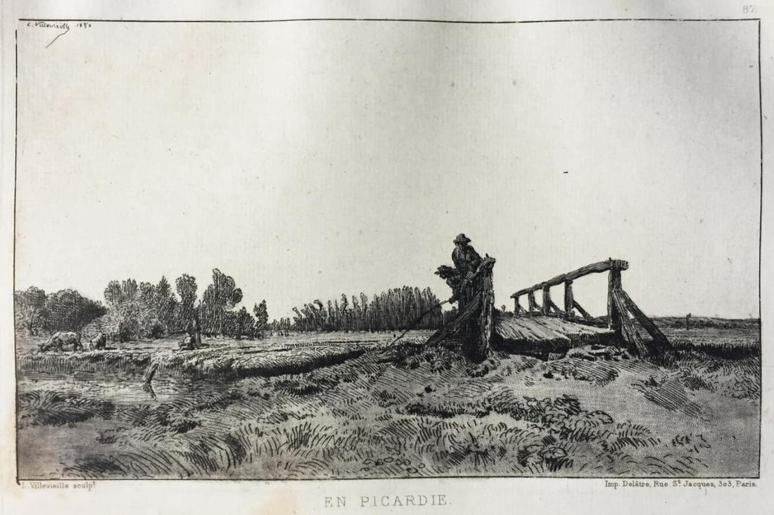 Leon Villevieille - En Picardie: Artist: Leon VillevieilleTitle: En PicardieYear: 1868Dimensions: 6 5/8in. by 9 7/8in.Edition: From the Rare Limted EditionPublisher: MacMillan and Co.Suite: Etching and EtchersMedium: Original
