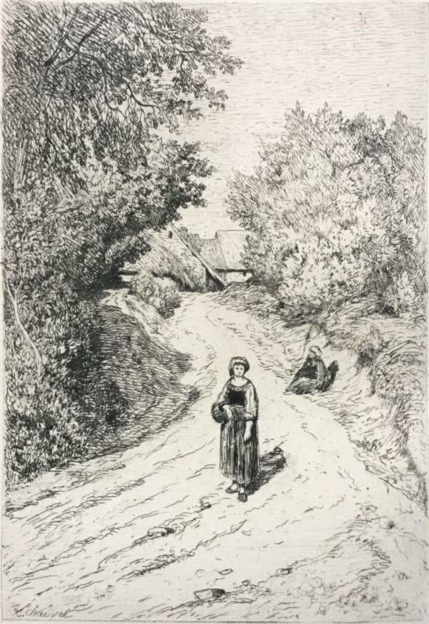 Theophile Chauvel - A Country Lane: Artist: Theophile ChauvelTitle: A Country LaneYear: 1868Dimensions: 6 5/8in. by 9 7/8in.Edition: From the Rare Limted EditionPublisher: MacMillan and Co.Suite: Etching and EtchersMedium: Original