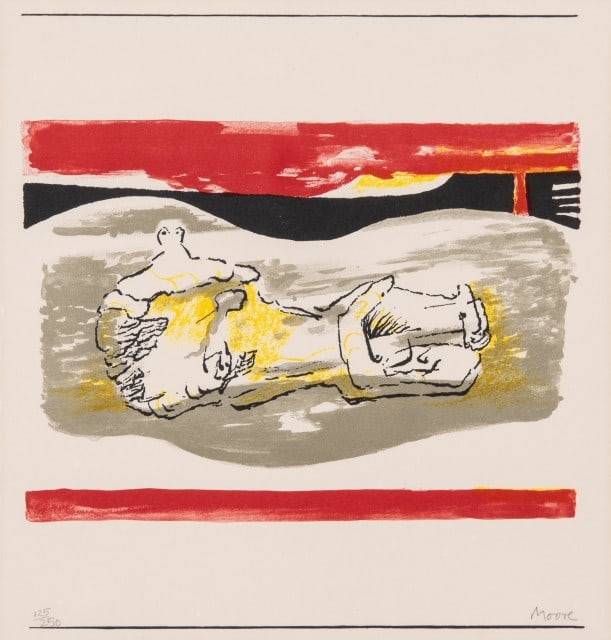 Henry Moore - Reclining Figure with Red Stripes: Artist: Henry MooreTitle: Reclining Figure with Red StripesYear: 1973Dimensions: 9 3/8in. by 8 7/8in.Edition: Numbered from the Rare Limited EditionMedium: Lithograph in ColorsCondition: