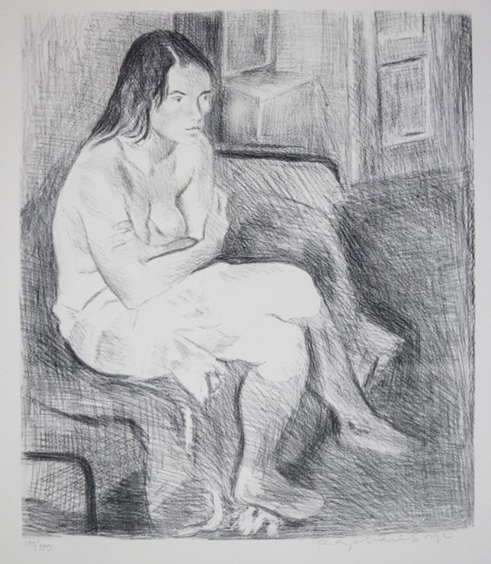 Raphael Soyer - Seated Women Pink Socks: Artist: Raphael SoyerTitle: Seated Women Pink SocksYear: 1979Dimensions: 21.5in. by 29.5in.Edition: 100 From limited edition of 300Medium: Original lithograph on paperCondition: ExcellentSignature