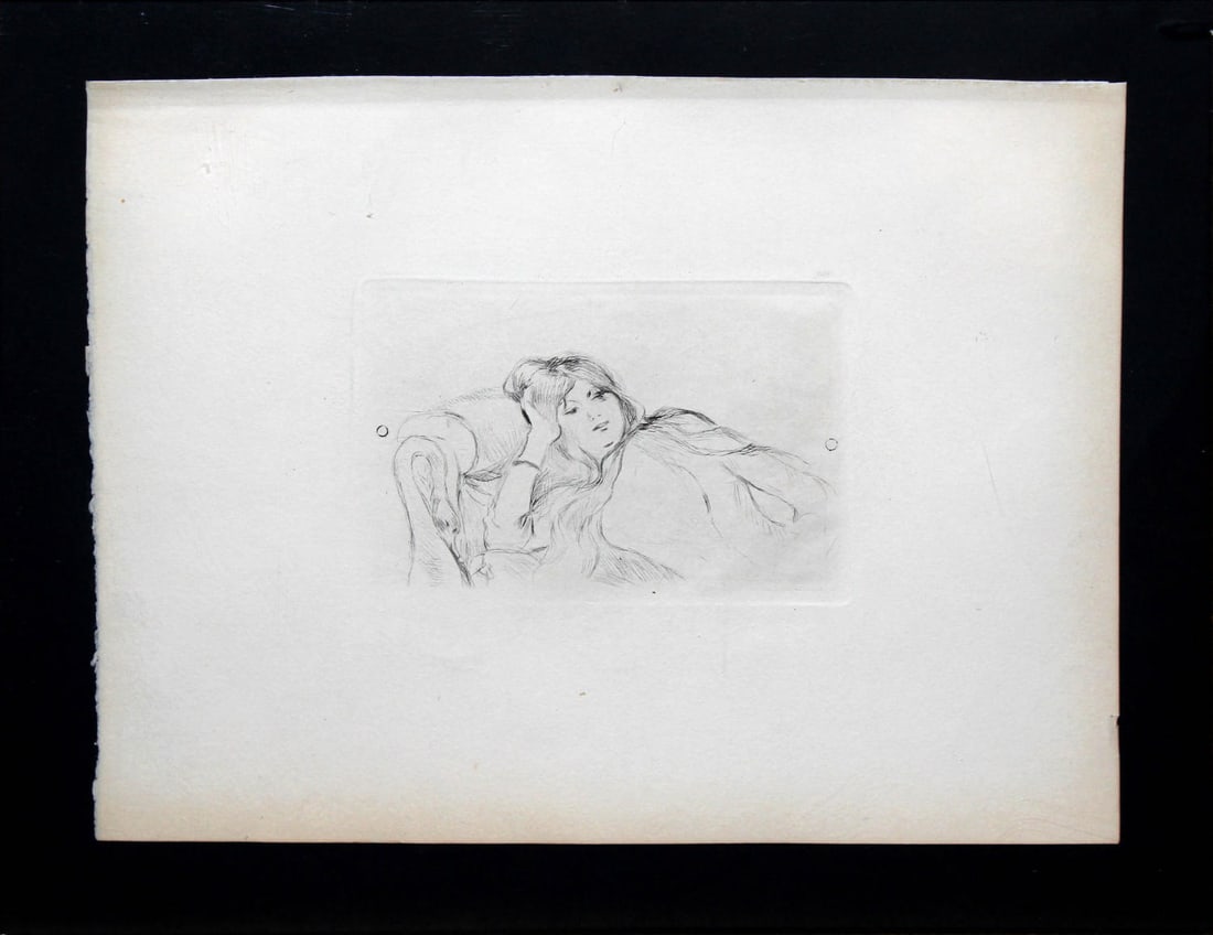 Berthe Morisot - Jeune Fille Entendue: Artist: Berthe Morisot Title: Jeune Fille EntendueYear: c. 1896Dimensions: 7.8in. by 9.75in.Edition: From the rare limited editionPublisher: Theodore Duret Editeur; ParisMedium: Original etching on