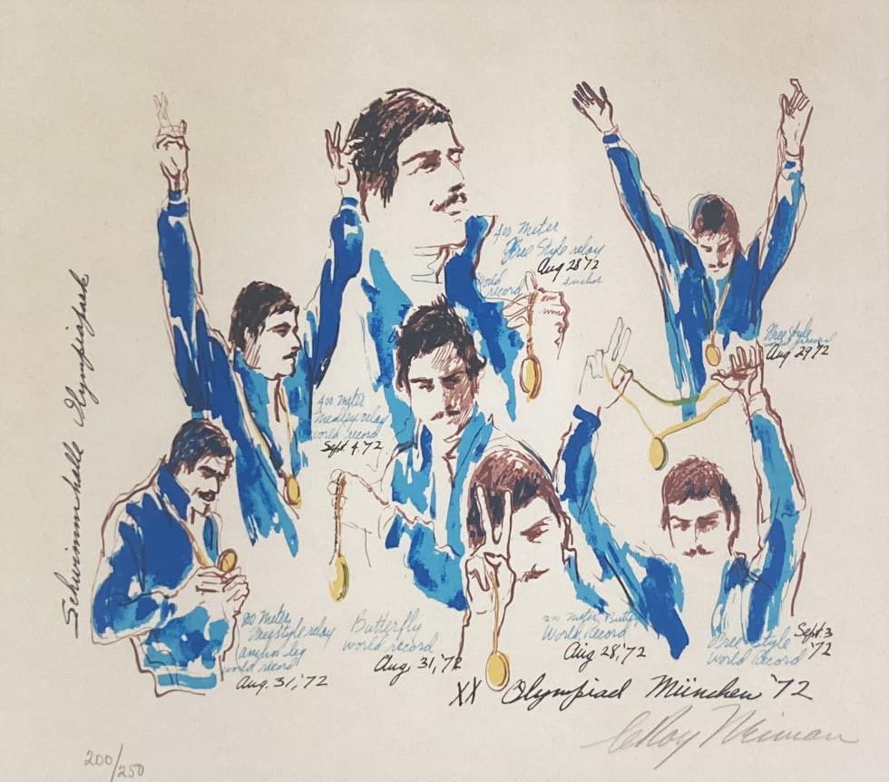 Leroy Neiman - Mark Spitz with Medals: Artist: Leroy NeimanTitle: Mark Spitz with MedalsYear: 1972Dimensions: 18in. by 22in.Edition: From the Rare Limited Edition of 250Suite: MunichMedium: Serigraph in ColorsCondition: ExcellentSignature
